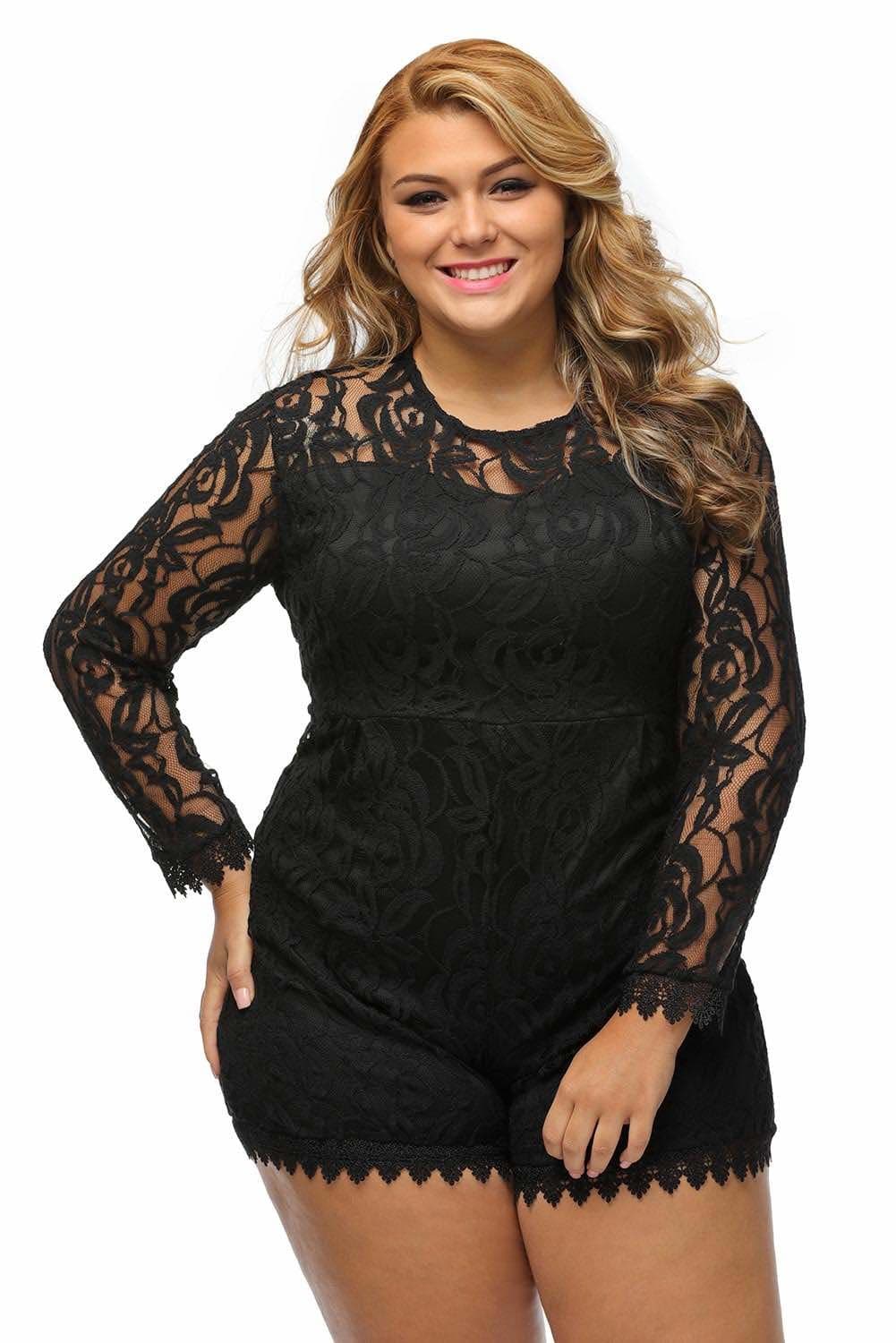 roswear Women's Plus Size Long Sleeve Lace Romper