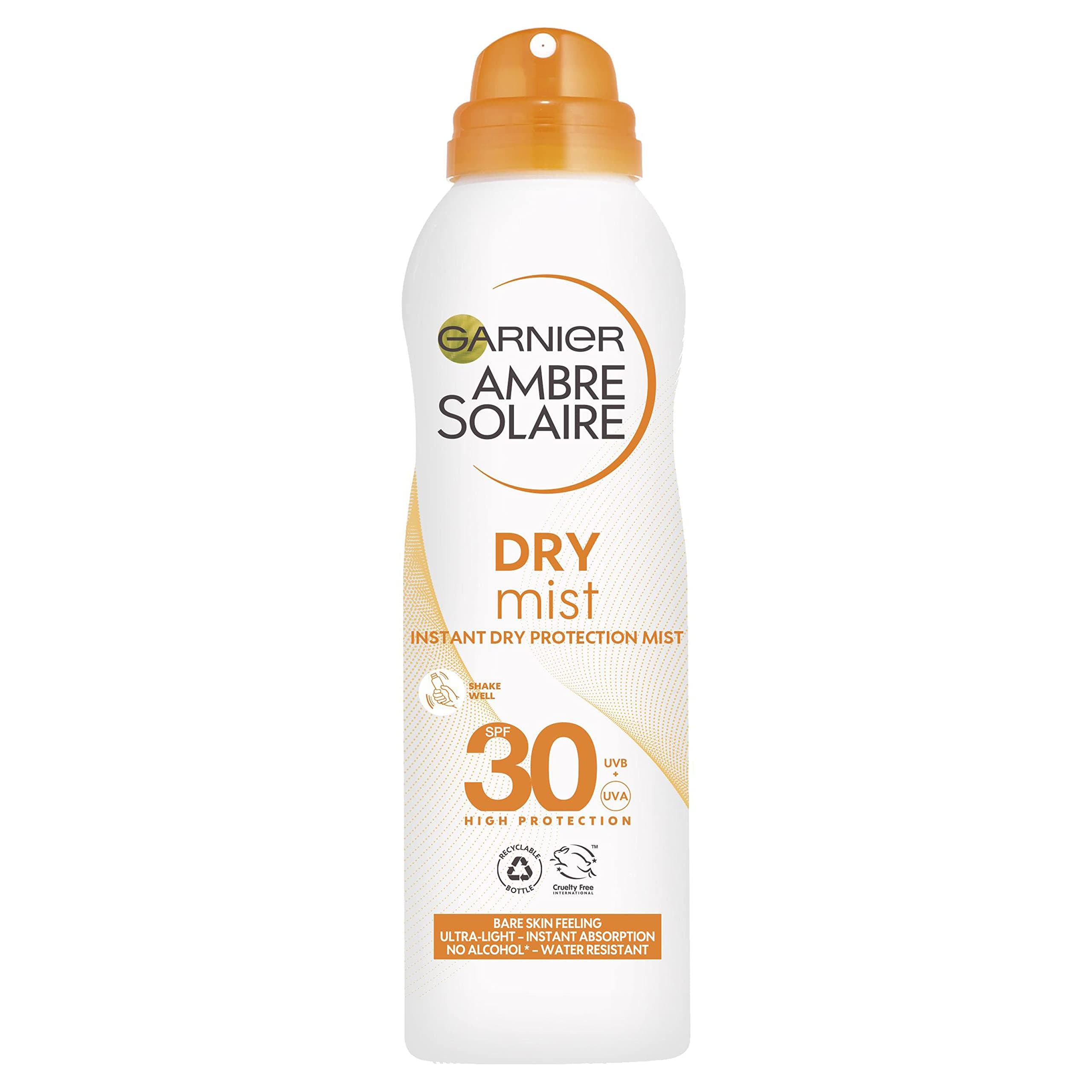 Garnier Ambre Solaire SPF 30 Dry Mist Sun Protection Spray, Water Resistant, Ultra-Light and Non-Greasy, No White Cast, For All Skin Types, 200 ml
