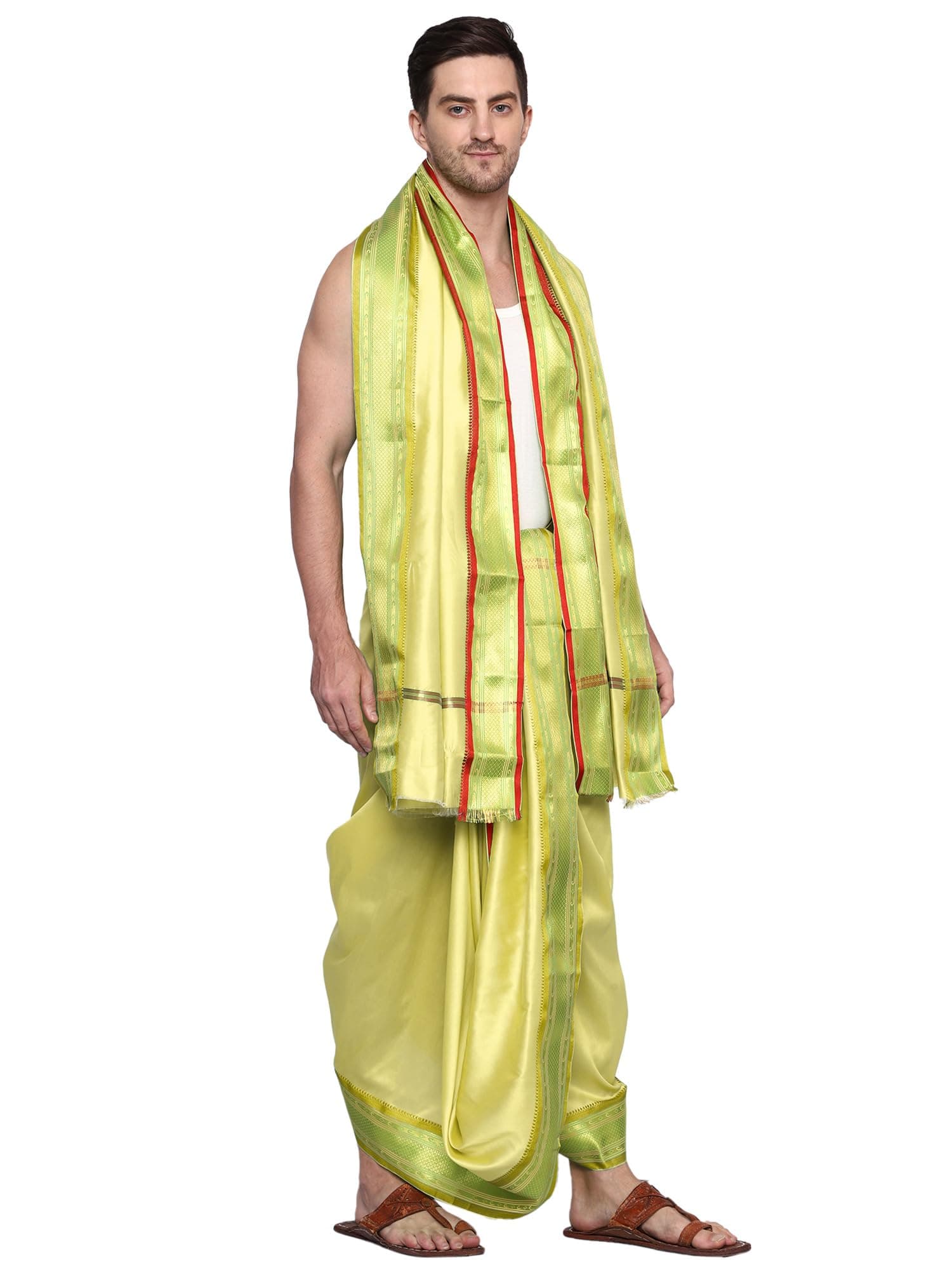 Rameshwaram FabricsExquisite Silk Pattu Panchalu: Unstitched Dhoti with Stole for men - Ideal for Pooja and Special Occasions