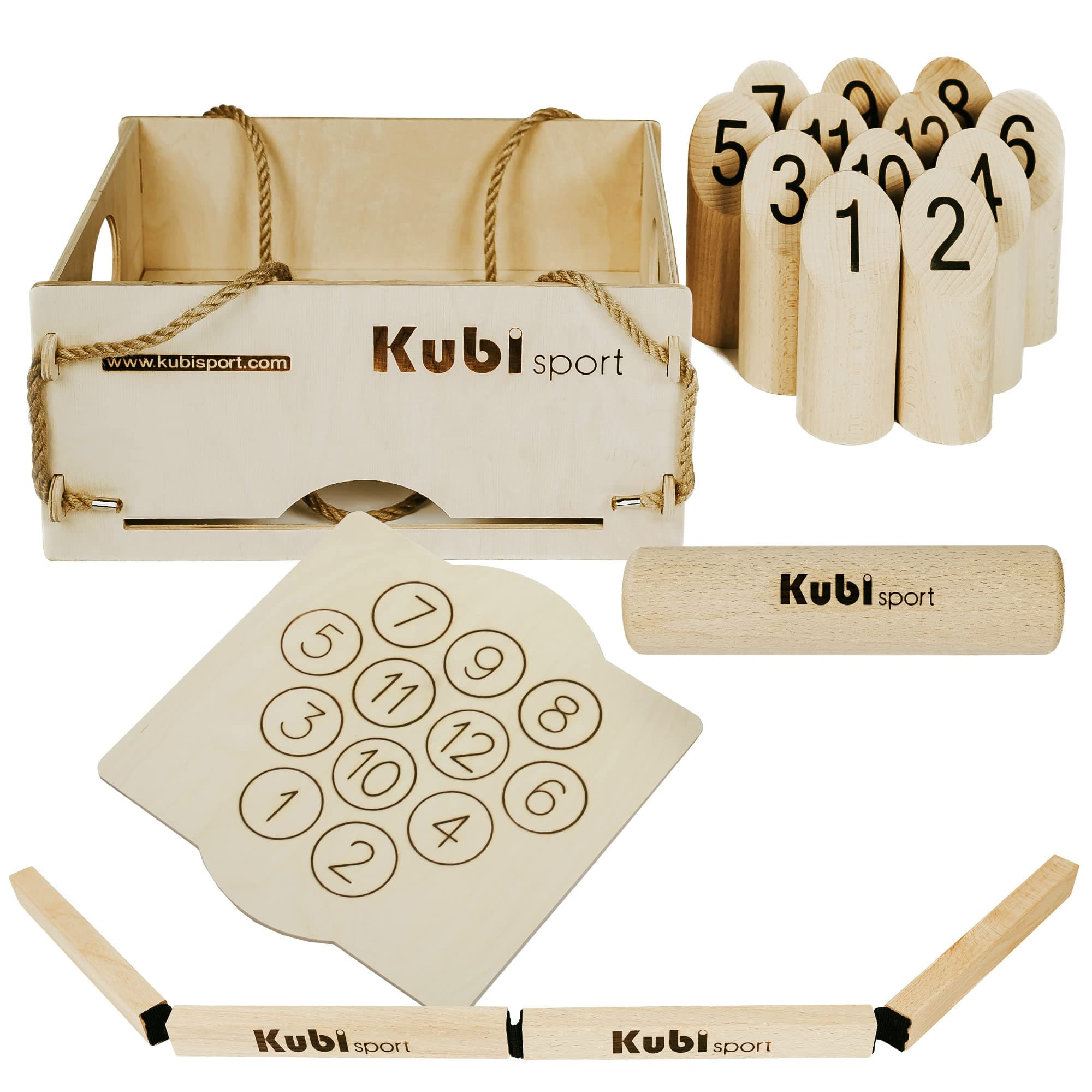 KUBI SPORT - Finnish skittles maxi in a box – Number Kubb – Wooden skittles with a throwing line – Family outdoor skill game – Throwing game