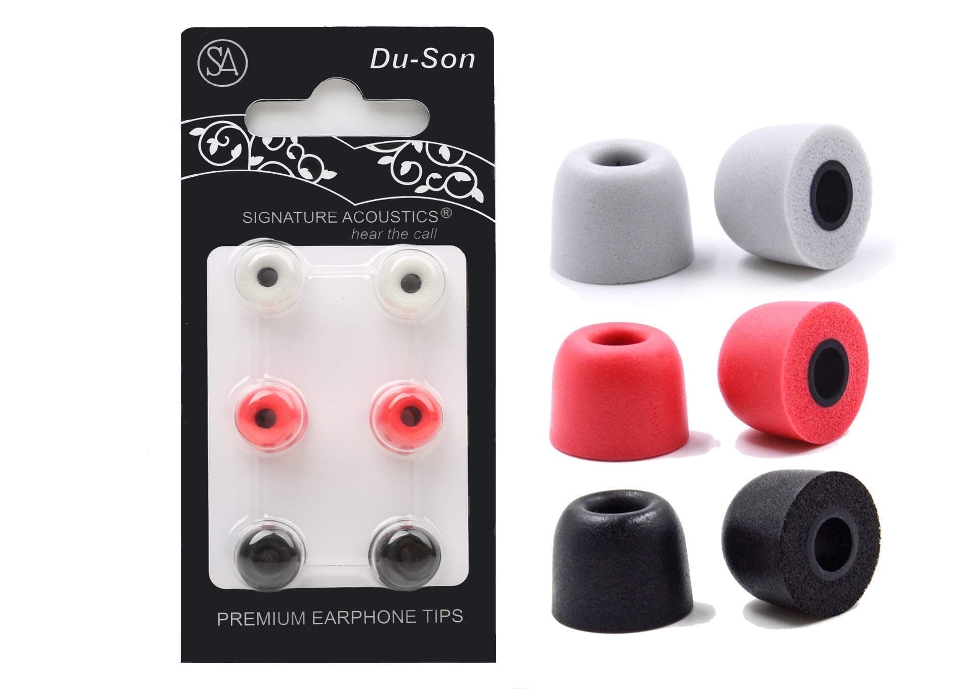SIGNATURE ACOUSTICS SA Du-Son Premium Replacement Tips Nozzle Size C 3.0mm T100 Memory Foam EarTips| Noise Isolation Comply with 4mm Nozzle Type| 3 Pairs|Medium|Red,Black,Grey