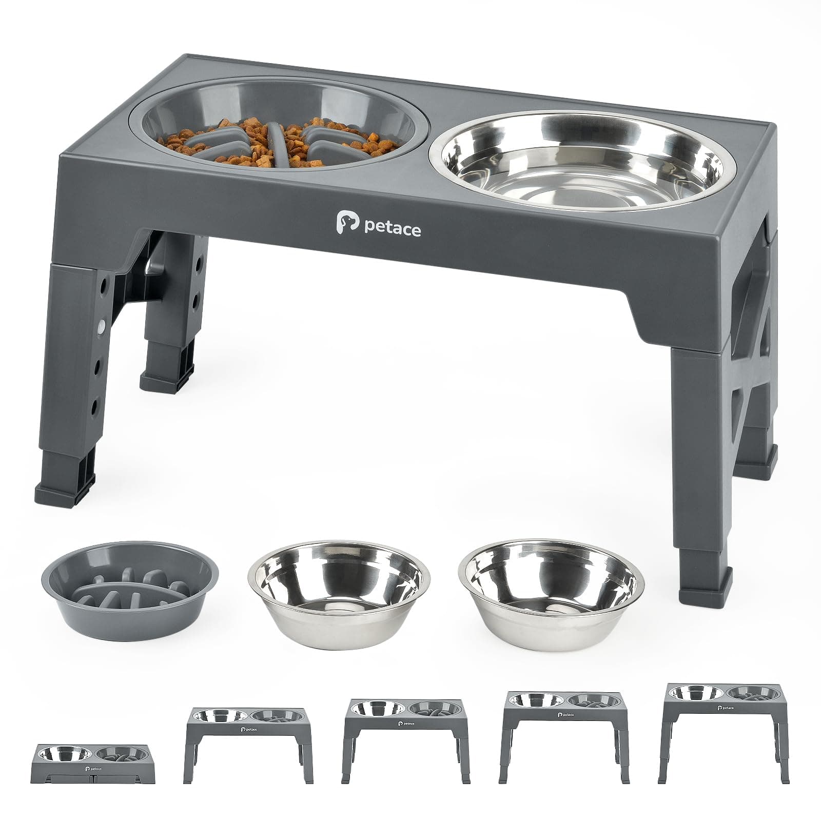 Elevated Dog Bowls for Large Dogs, Raised Dog Bowl Stand with Slow Feeder Bowl & 2 Stainless Steel Dog Food Bowls, 5 Heights Adjustable for Small Medium Large Dogs and Pets
