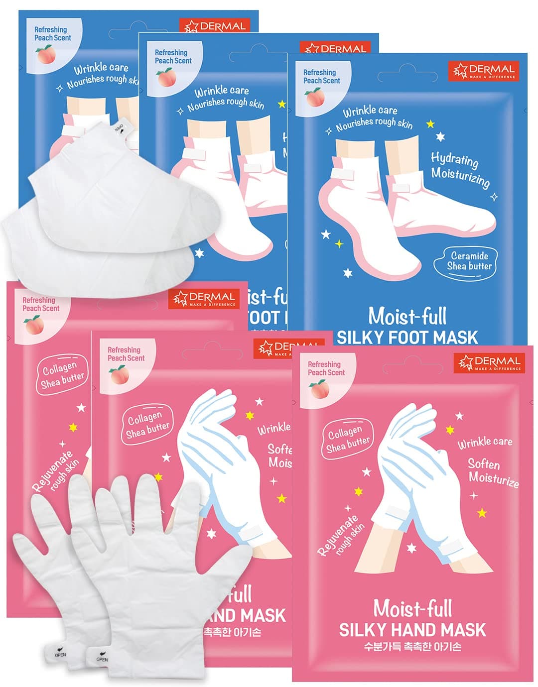 Moistfull Silky Foot Socks & Hand Gloves Mask Combo 6 Pack - for Dry Feet and Hands - Home Spa Treatment - Dermatologist Tested, Cruelty Free, Korean Beauty