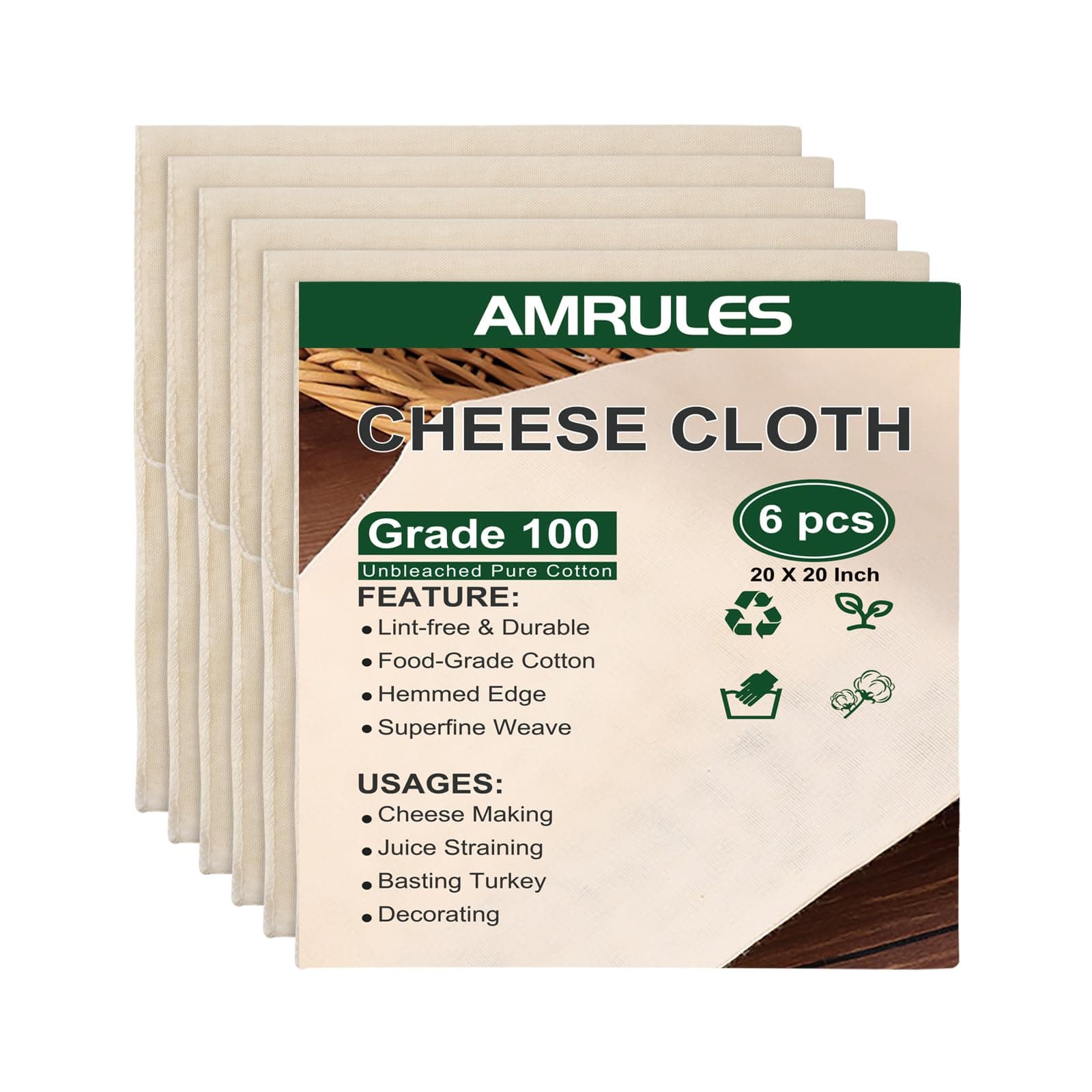 Cheese Cloths for Straining, 6PCS 20x20 Inch Grade 100 Cheese Cloth, Reusable Washable Unbleached Pure Cotton Cheesecloth for Cooking and Cheese Making with Hemmed Edge