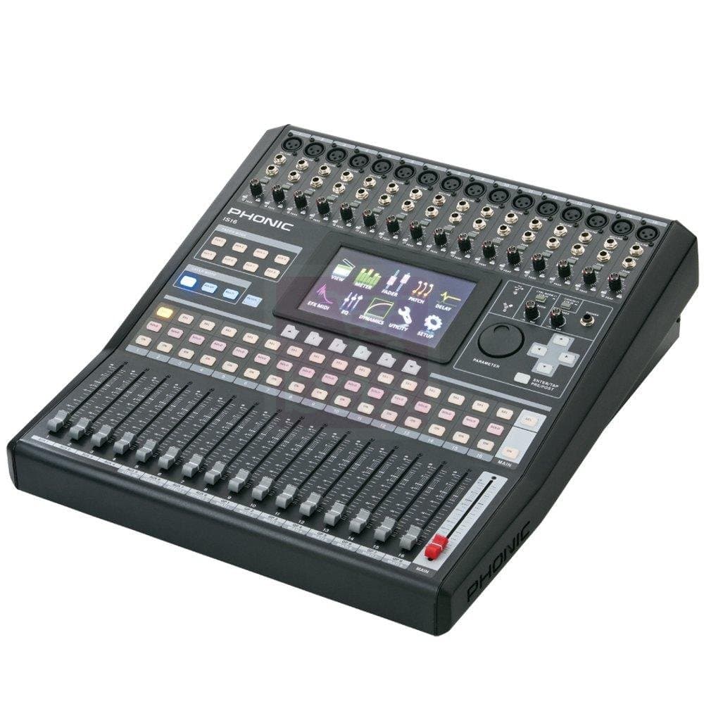 Phonic IS16 16-Input 8-Bus Digital Mixing Console with Color Touch Screen and VGA Output; 31-band GEQ available on EFX 1 and Main Out, 15-band GEQ on EFX 2; Digital AES/EBU Input and Output