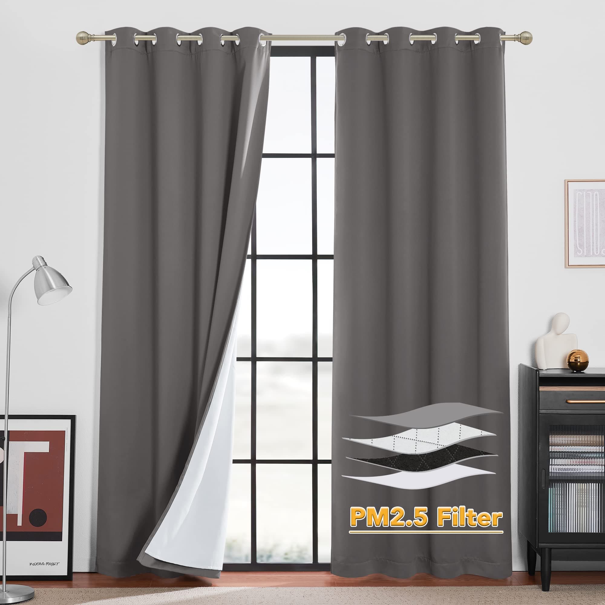 RYB HOME Noise Reducing Barrier for Bedroom, Totally Blackout Curtains and Drapes Energy Smart Window Treatment Anti Dust Divider Filtering PM2.5 Pollen Smog, Grey, W52 x L95 inch, 2 Panel