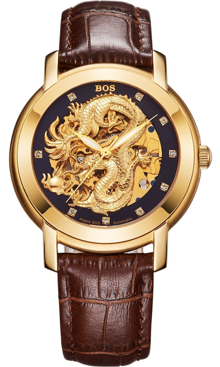 Angela Bos Men's Hollowed Chinese Dragon Fashion Mechanical Waterproof Wrist Watch Black Dial Brown Calfskin Band