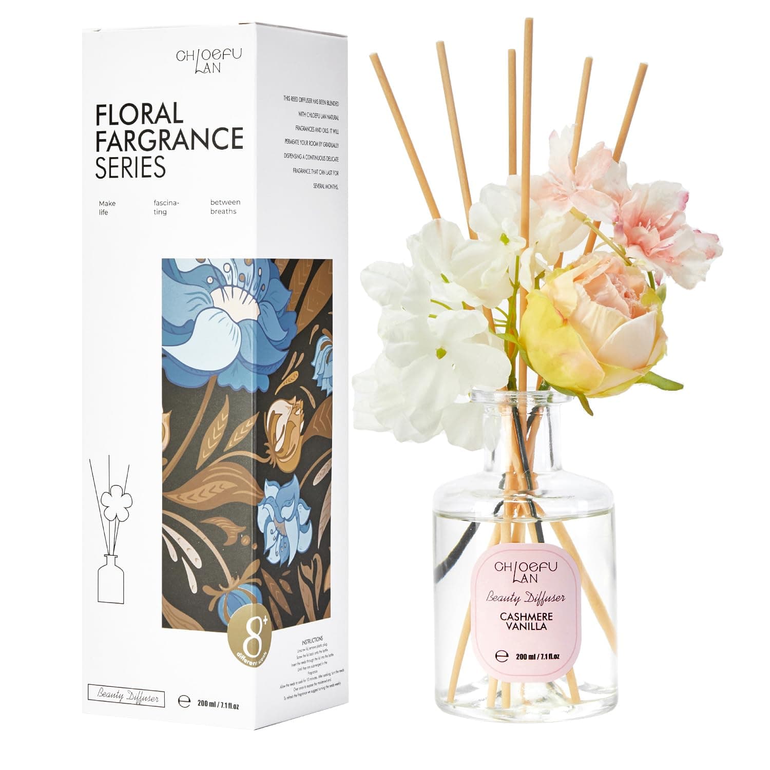 Chloefu Lan Cashmere Vanilla Reéd Diffuser Set with Flowers Reéd Diffuser Sticks, 6.7oz Scent Fragrance Essential Oil Diffuser for Bedroom Bathroom Home Décor Shelf Decor