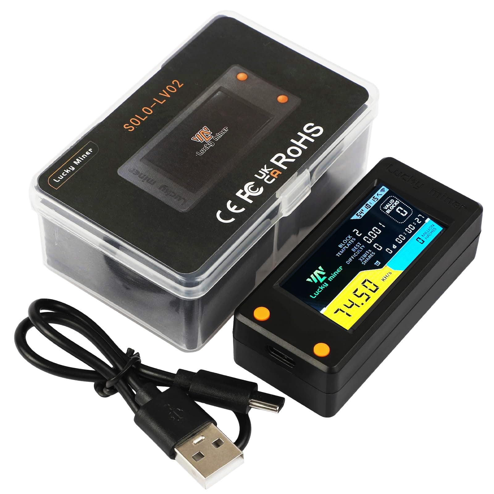 Bitcoins Miner 78KH/S LV02 Solo Miner with 1.9 inch Full-Color LCD Display Asic Miner 1Watt Low Power Consumption Crypto Miner Mini Lottery Device Type-C USB Connection, Black