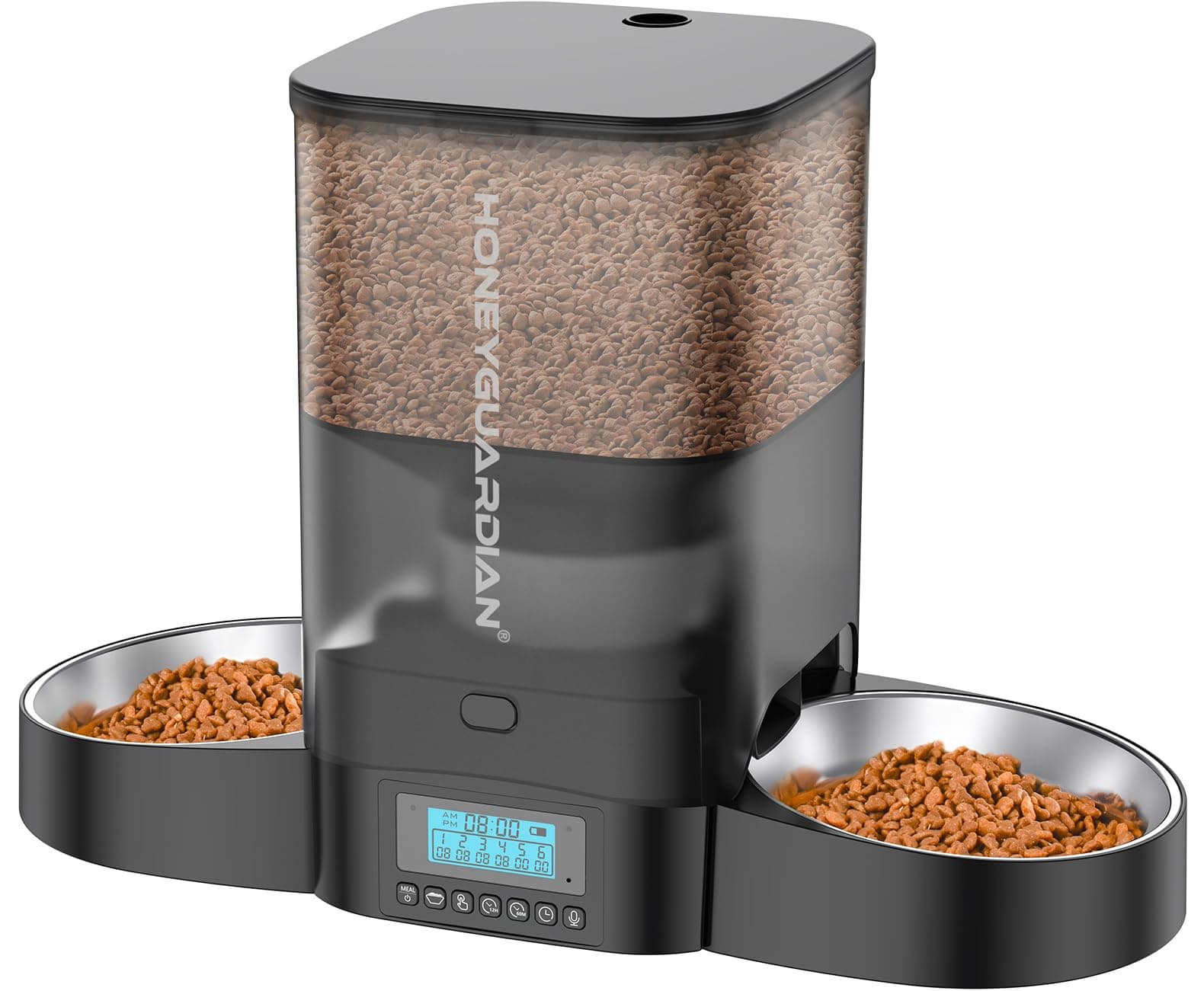 HONEYGUARDIAN 3.5L Automatic Feeding Device for Cats, Dogs, Small Animals, Multiple Heads Per Day, 6 Meals Per Day, Automatic Feeding, 2 Stainless Steel Bowls, Timer Type, Multiple Freshness