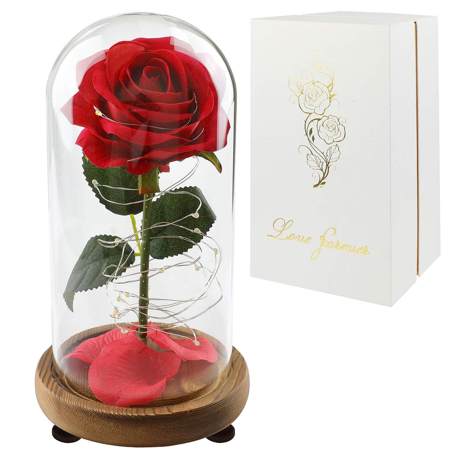 Childom Rose in a Glass Dome, Roses Enchanted Red Silk Rose with Fallen Petals Led Fairy String Lights in A Dome, Gifts for Anniversary, Wedding,Mom Gift,Mothers Day