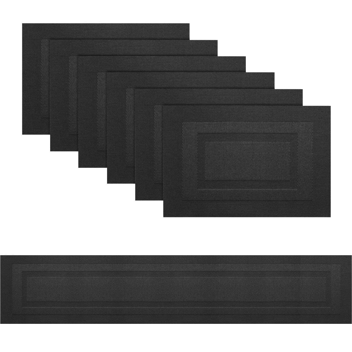 PIGCHCY Placemats with Matching Table Runner,Heat Insulation Vinyl Cross-Weave Washable Table Mats Sets(6pcs Placemats + 1pcs Table Runner, Pure Black)