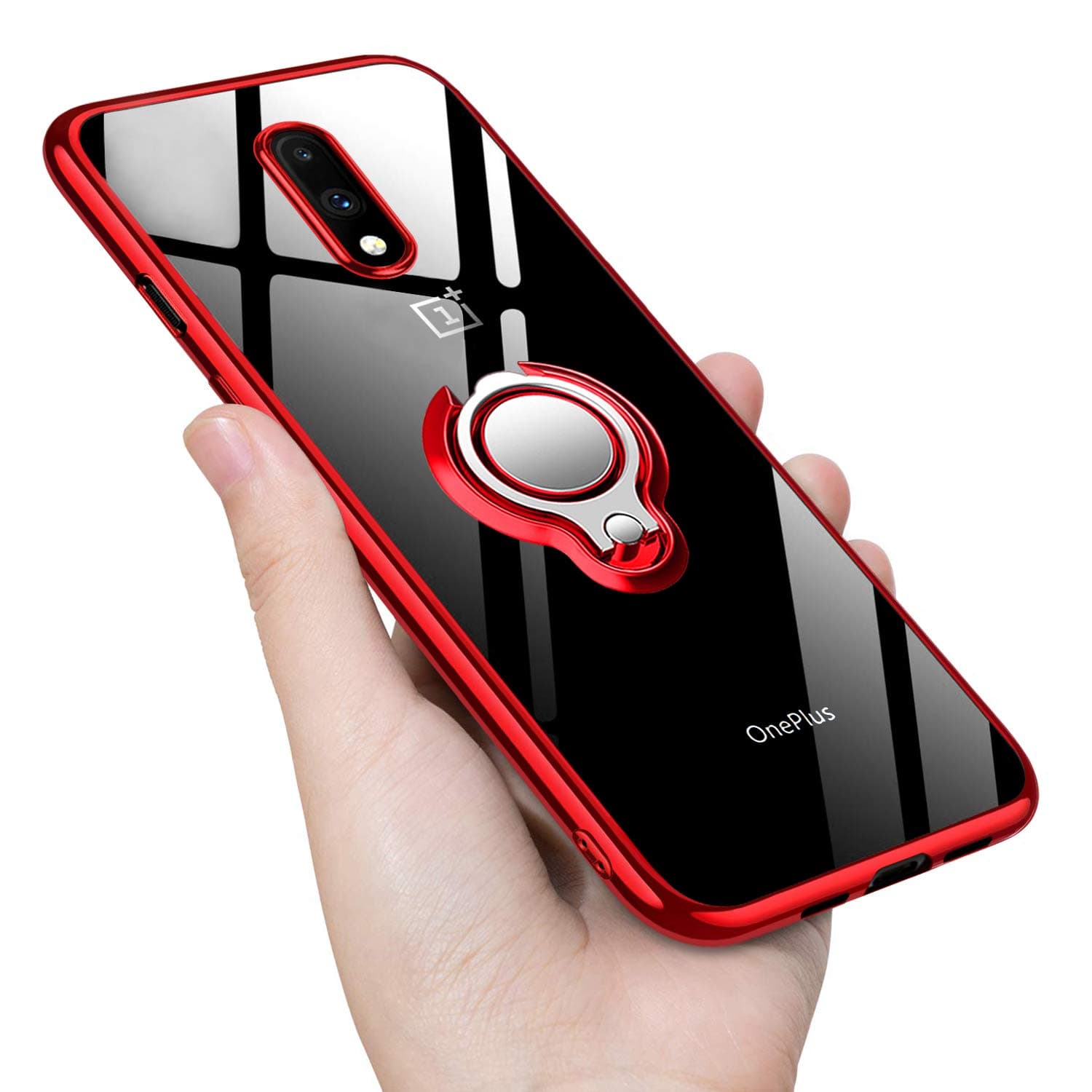 Guuboly OnePlus 7 Case Clear Soft TPU Silicone Case with 360 Rotatable Ring Kickstand Holder Transparent Shock Absorption Slim Fit Flexible Rubber Cover for OnePlus 7 - Red
