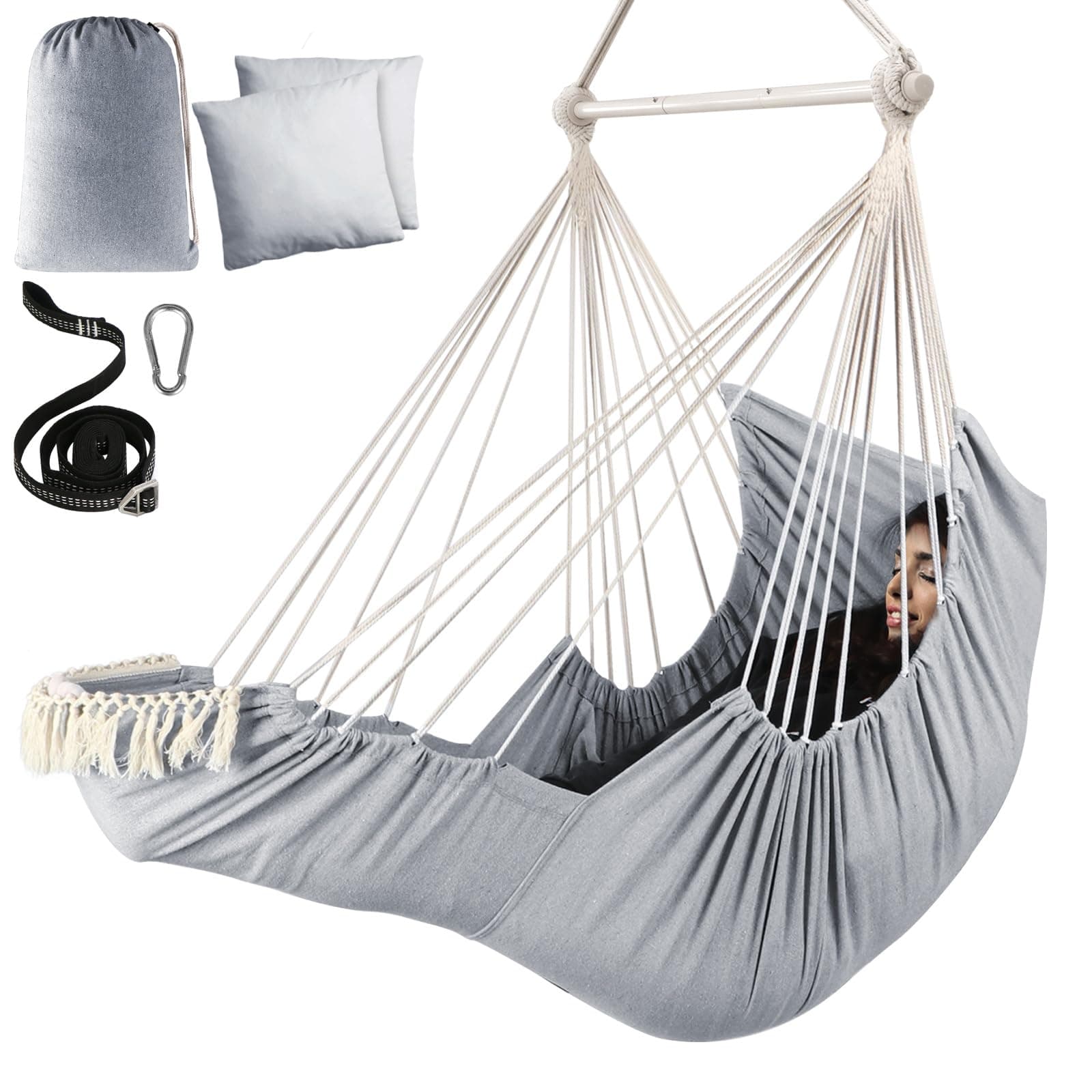 Chihee Hammock Chair Hanging Chair with Foot Rest 2 Cushions Max 550lbs Robust Metal Spreader Bar Collapsible Easy Storage Soft Cotton Swing Chair Strong Strap Iron Carabiner Side Pocket Included