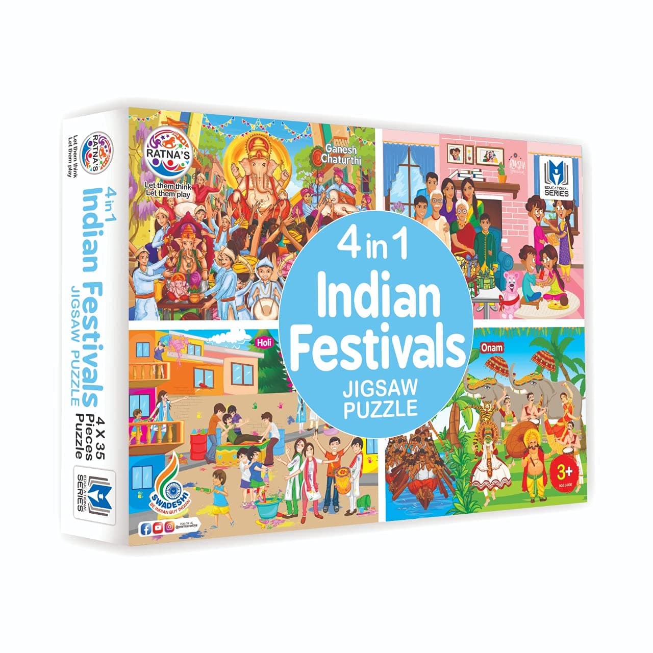 Ratna's 4 in 1 Indian Festivals Jigsaw Puzzle for Kids | 4 Jigsaw Puzzles with 35 Pieces Each for Festivals Like Ganesh Chaturthi, Raksha Bandhan, Holi & Onam Puzzle for Kids 3+ Years