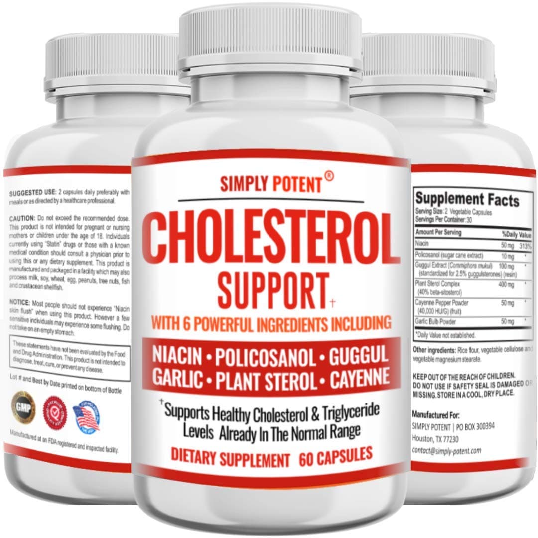 Cholesterol Supplement with Plant Sterols, Niacin (Vitamin B3), Policosanol, Guggul Extract, Garlic & Cayenne Pepper – 6-in-1 Heart Health Formula | Non-GMO, Gluten-Free | 60 Capsules | Simply Potent