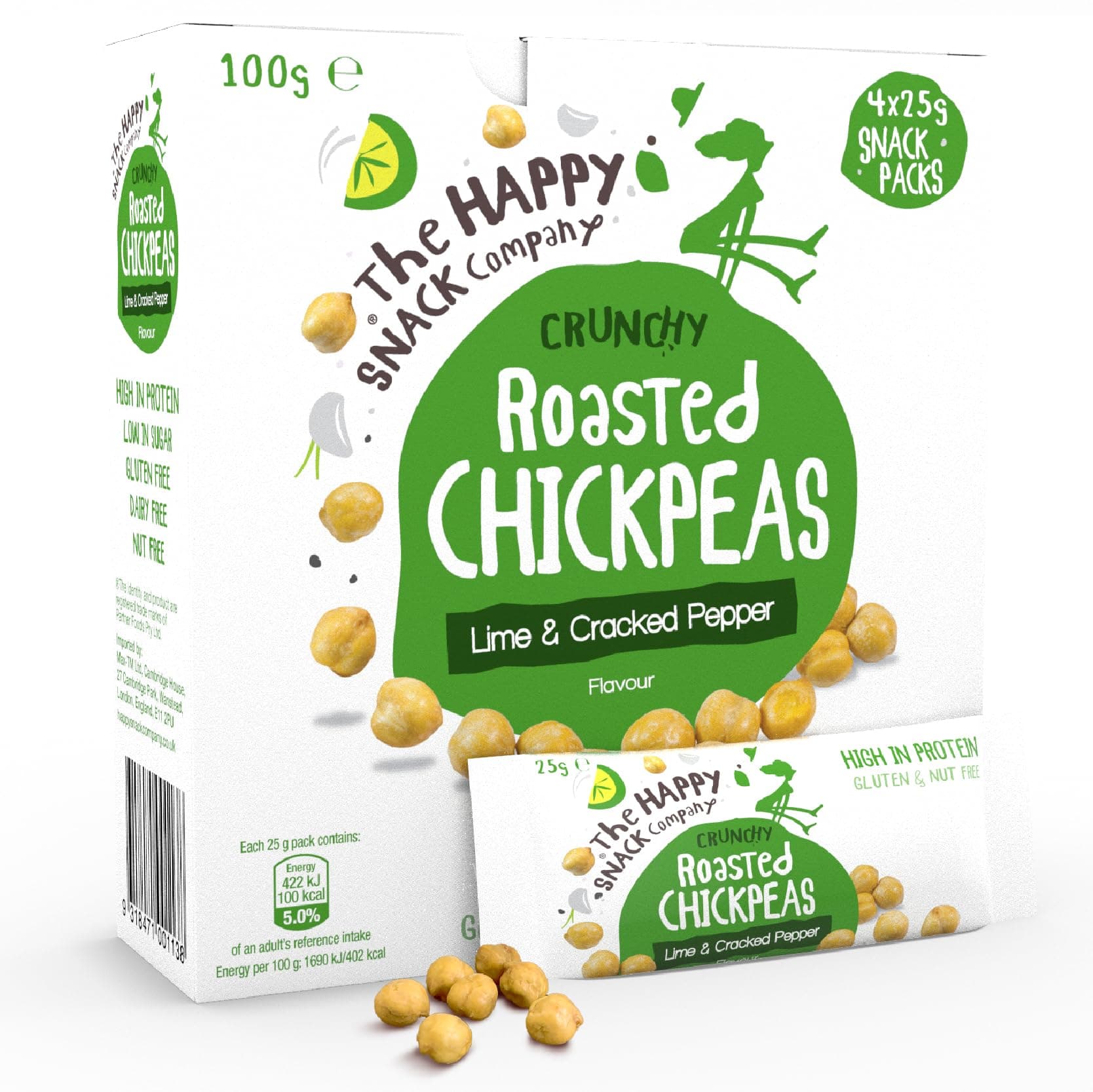 Roasted Chickpeas, Lime & Cracked Pepper Flavour Healthy Snacks, Plant Protein, Gluten Free Tasty Snacks, Vegan, 110 Calories, 25g Portion, Pack of 20