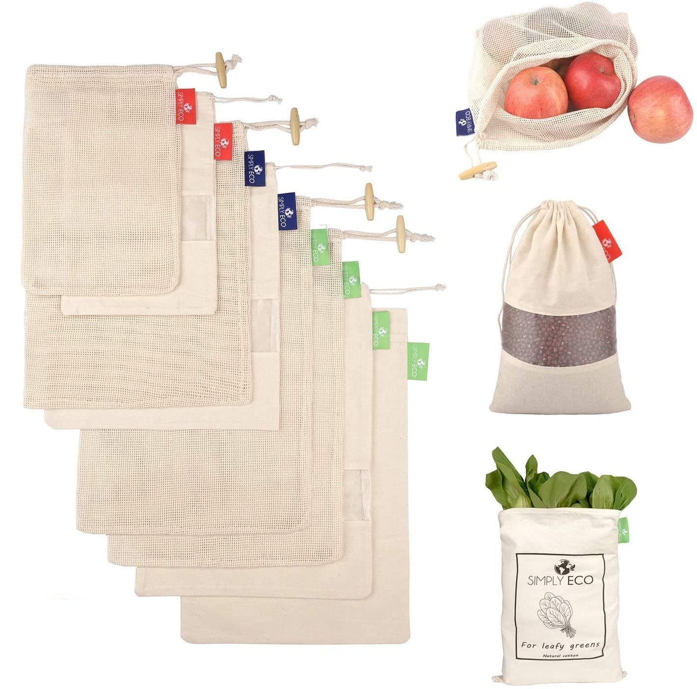 SIMPLY ECO 8 cotton reusable produce bags with drawstring. Mesh bags for fruits