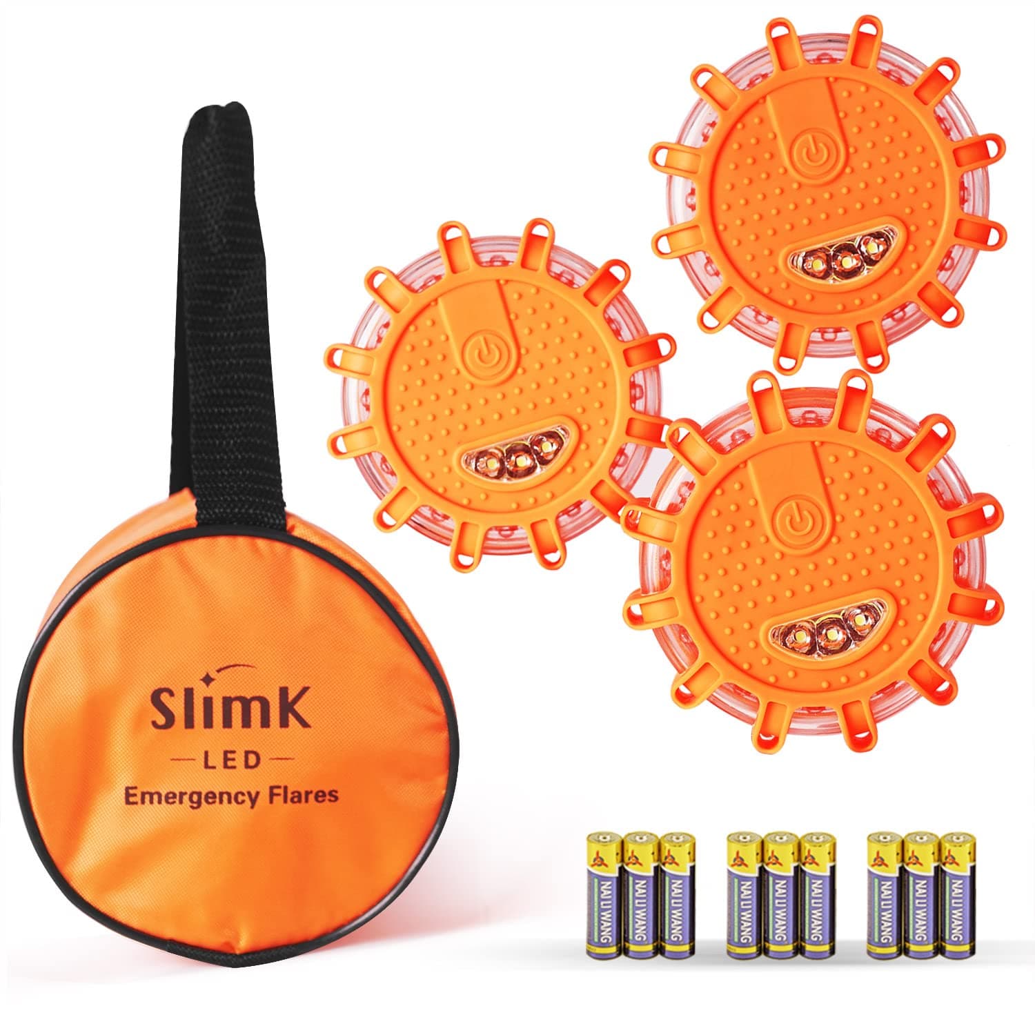 SlimK LED Road Flares Safety Flashing Warning Light Roadside Flare Emergency Discs Beacon, Magnetic Base for Car Motorcycle Bicycle, 3 Pack