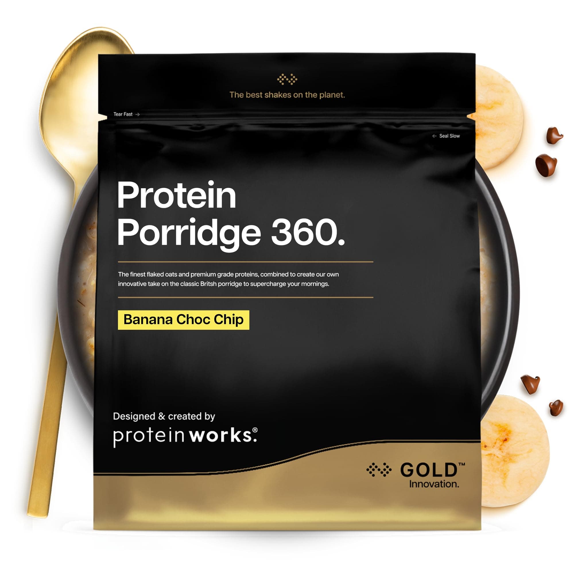 Protein Works | Protein Porridge 360 - Gold Innovation, High Protein, Low Sugar Breakfast, Added Vitamins & Minerals, Low GI Wholegrain Oats, High Fibre, Banana Choc Chip, 6 Servings, 500g