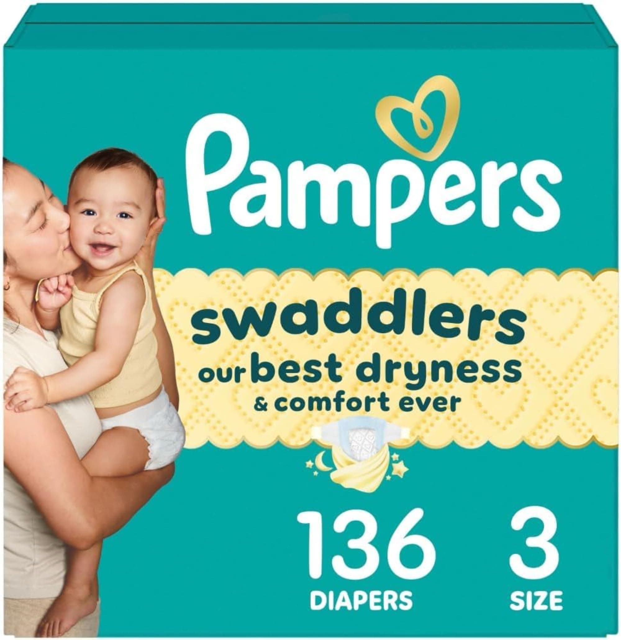 Swaddlers Diapers, Size 3 (13-26 lbs), 136 Count, Absorbent, Keeps Baby Dry and Comfortable, Skin Safe Disposable Baby Diaper (Packaging May Vary)
