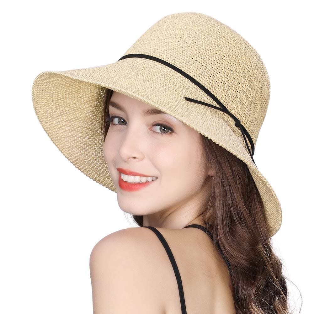 Jeff & Aimy Packable Floppy Straw Beach Sun Hat for Women Wide Brim SPF Panama Fedora Summer Cloche Gardening Hat Crushable Beige