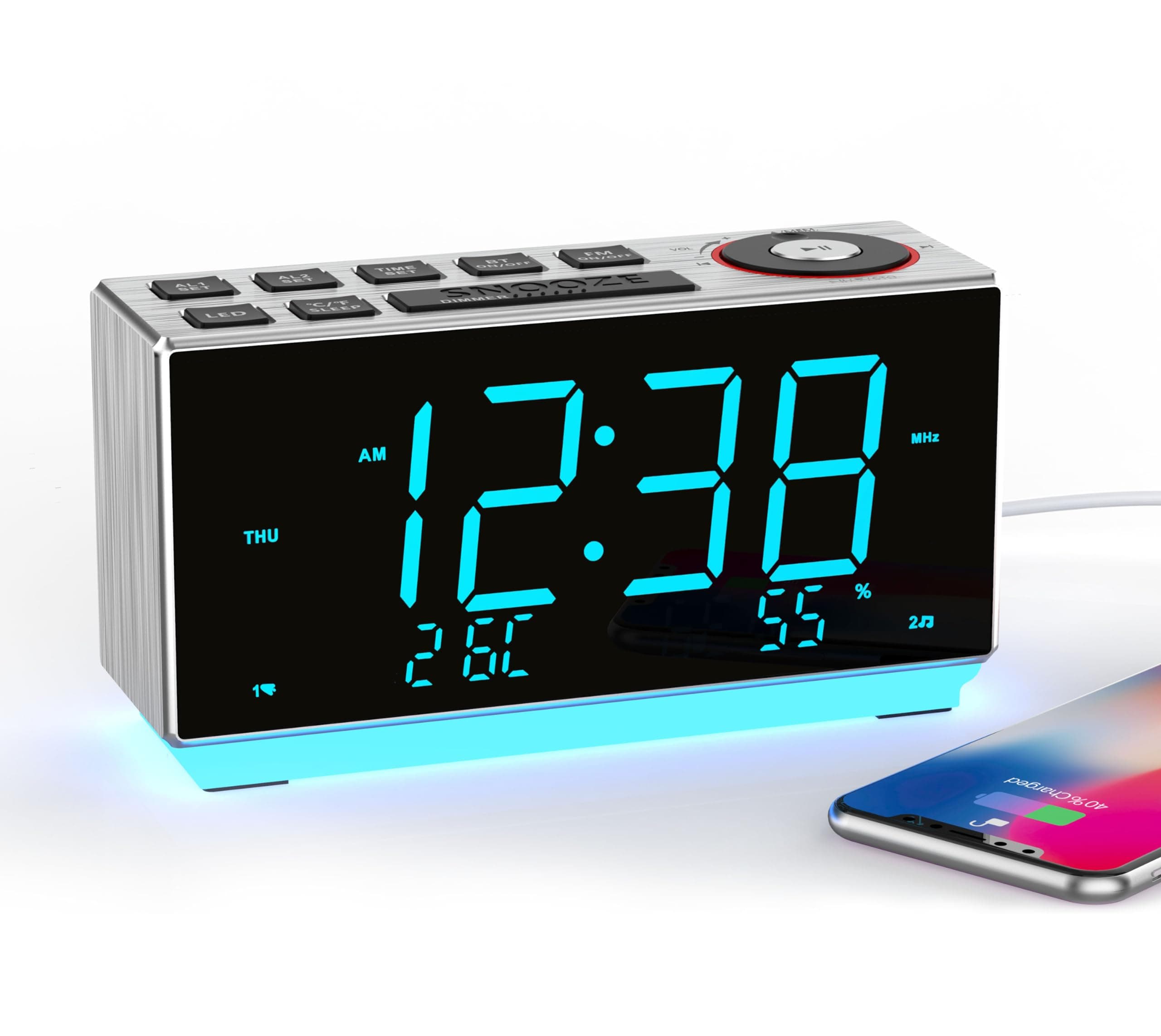 iTOMADual Alarm Clock with FM Radio, USB Charging, 1.8'' LED Display, Night Light, Snooze, Dimmer Control, Bluetooth Speaker, Temperature & Humidity Display CKS508