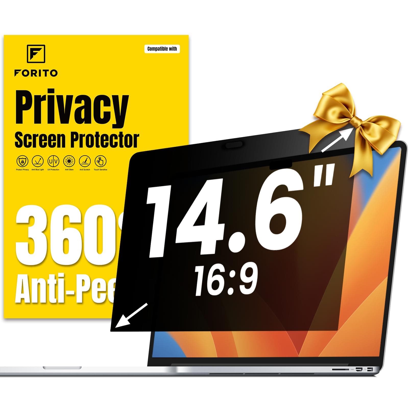 F FORITO 14 Inch 16:9 Laptop Privacy Screen Protector, 360° Anti Peeping and Anti Glare Laptop Privacy Shield Compatible with 14" HP/Acer/Lenovo/Dell/ASUS Laptops