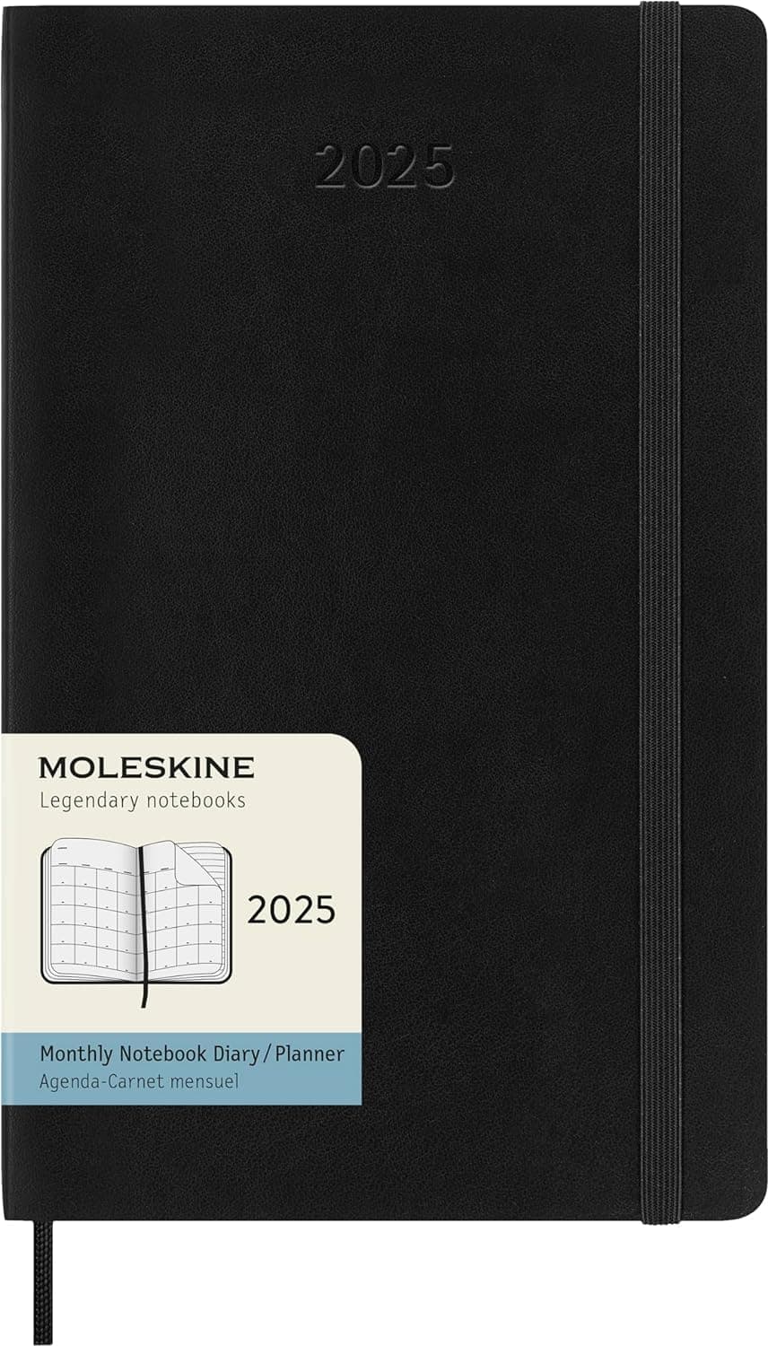 Moleskine Monthly Planner, 12-Month Agenda 2025, Soft Cover and Elastic Closure, Black Color, Large Format 13x21 cm