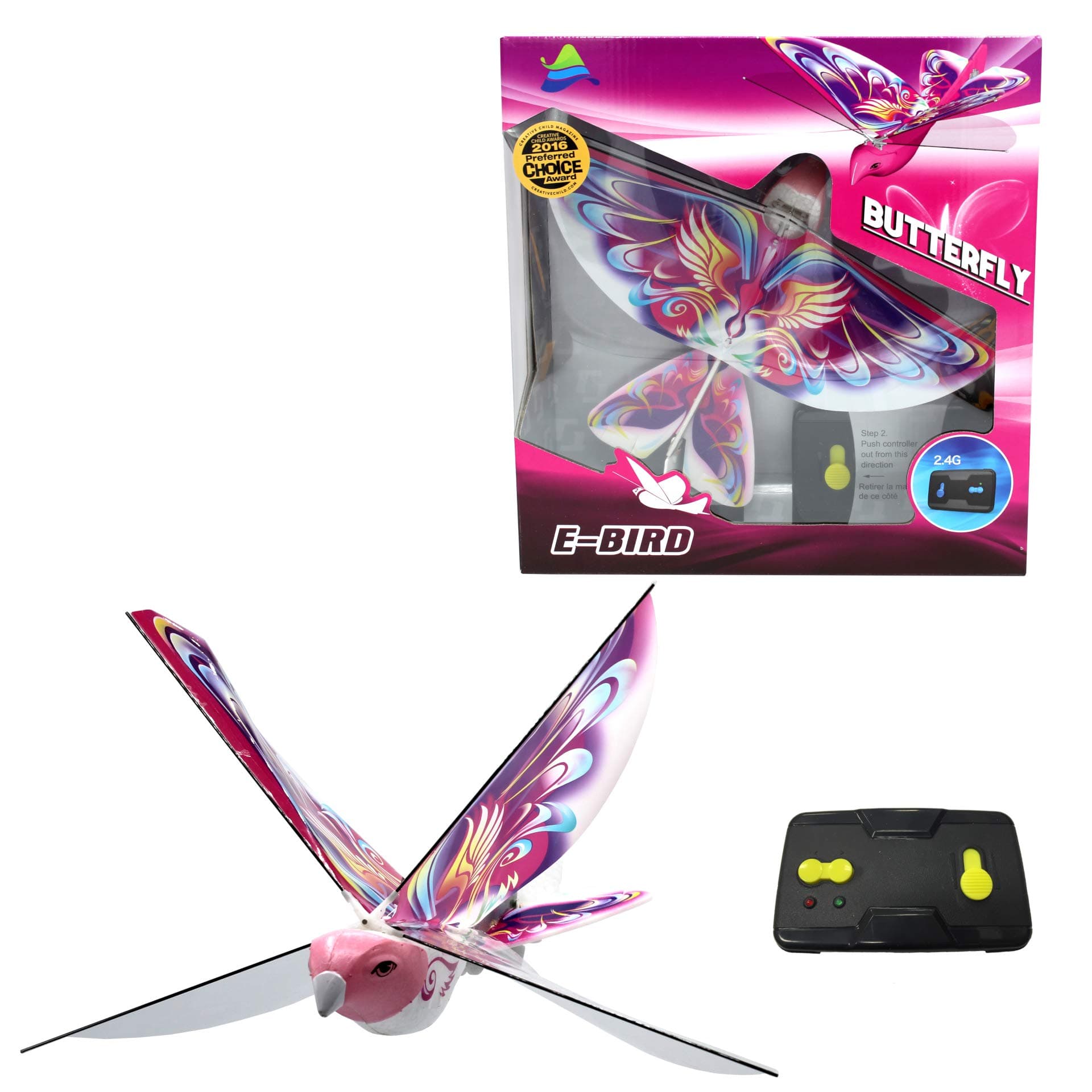 MUKIKIM eBird Pink Butterfly - Flying RC Bird Drone Toy for Kids. Indoor/Outdoor Remote Control Bionic Flapping Wings Bird Helicopter. USB Recharging. Creative Child Preferred Choice Award Winner