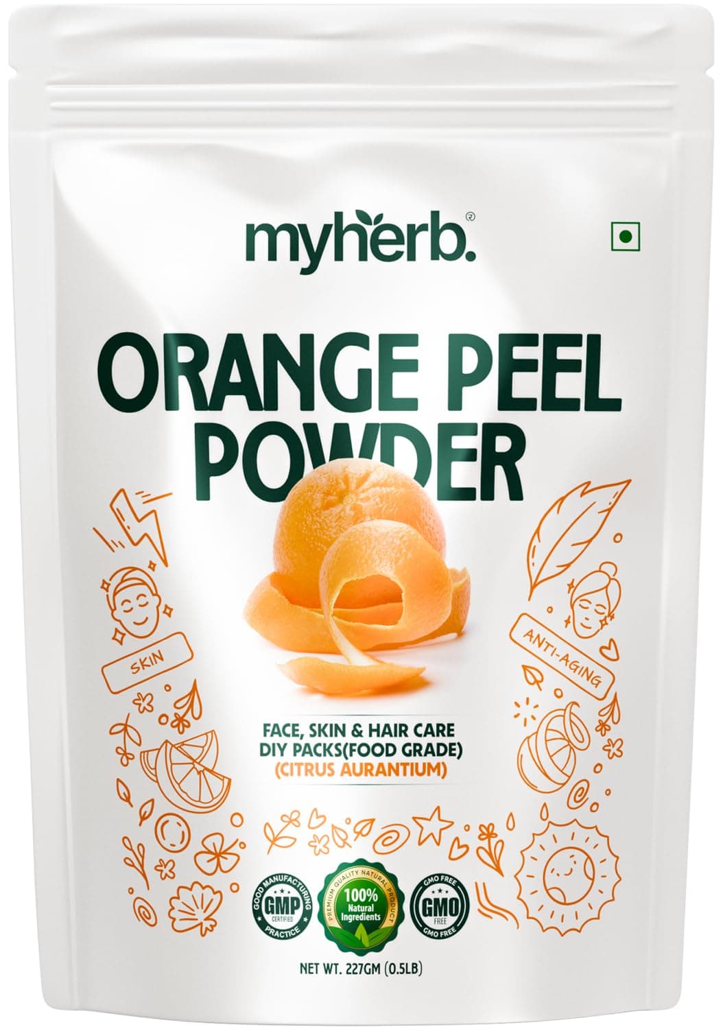 MYHERB 100% Pure Natural Organic Orange Peel Powder (Citrus Aurantium) || 227 Gm/0.5 Lbs || Ayurvedic Formula || Vitamic C || For Face, Skin Whitening & Hair Care || (Santra Chilka Powder)