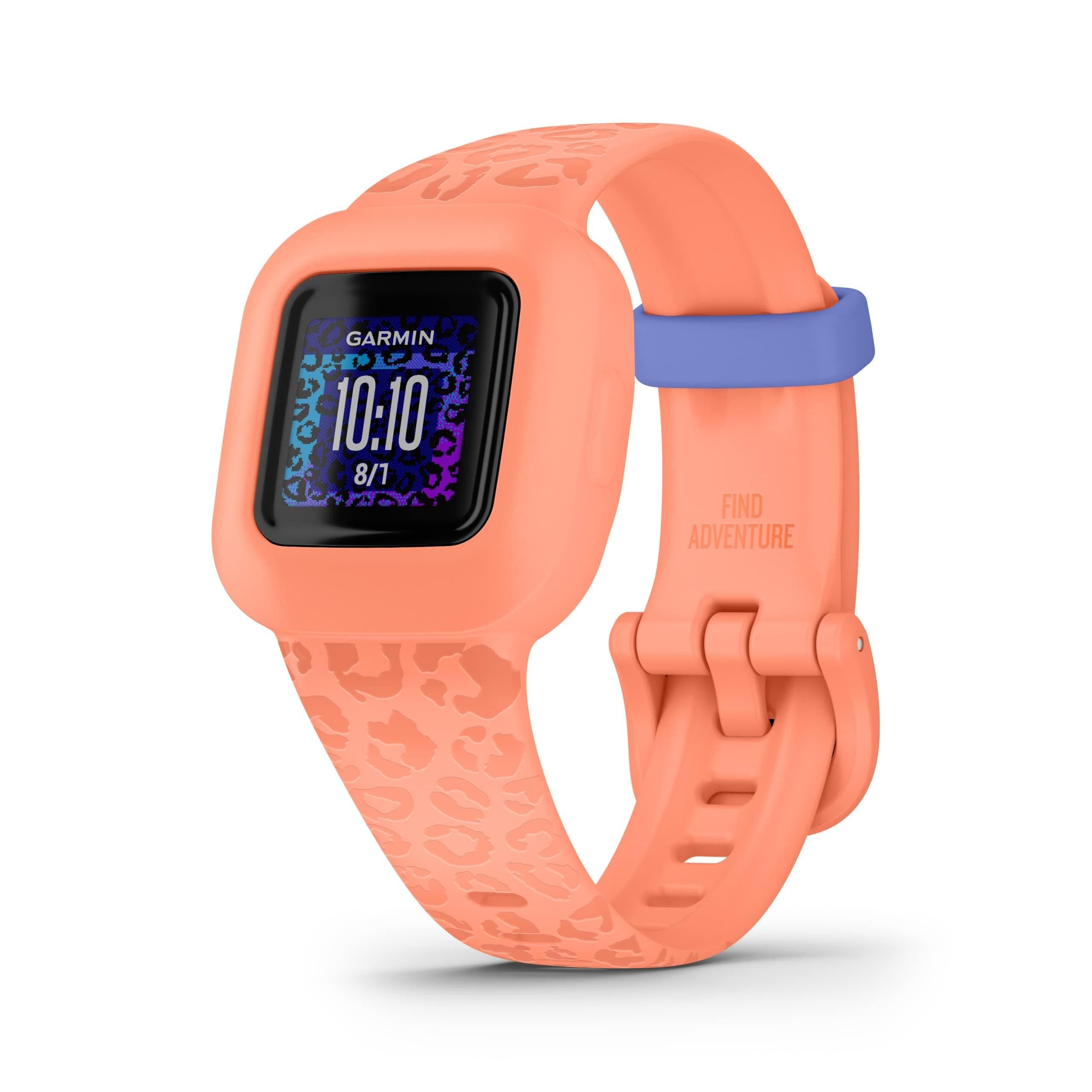 Garmin vivofit Jr.3, Fitness Tracker for Kids, Includes Interactive App Experience, Swim-Friendly, Up To 1-year Battery Life, Adjustable watch band, Peach Leopard