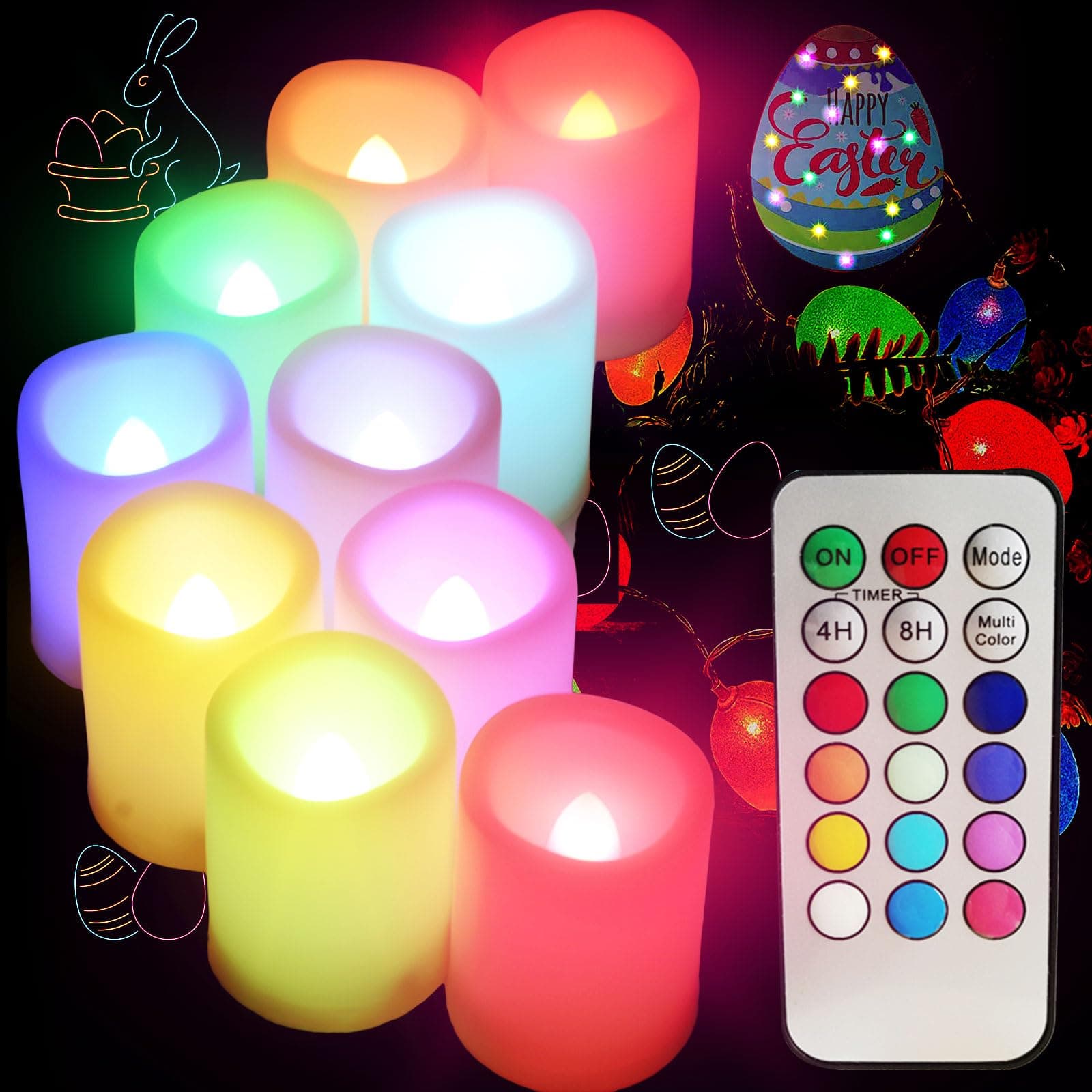 Colored Flameless Votive Candles with Timer-Color Changing Led Tea Light,Battery Operated RGB Votive Candles,Rainbow Tealights Party Decor,1.5"x 2",Set of 10