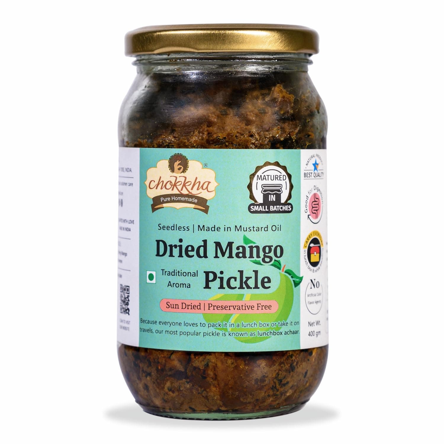 Chokkha Traditional Homemade Dried Mango Pickle (Aam) | Sukha Aam ka Achar | Authentic Indian Taste | Traditional Family Recipe | No Vinegar, Additives or Preservatives | Sundried and Freshly Grounded Spices | Handcut and Pure Homemade| Very Less Oil | Seedless (No Guthli) | 400 Gm