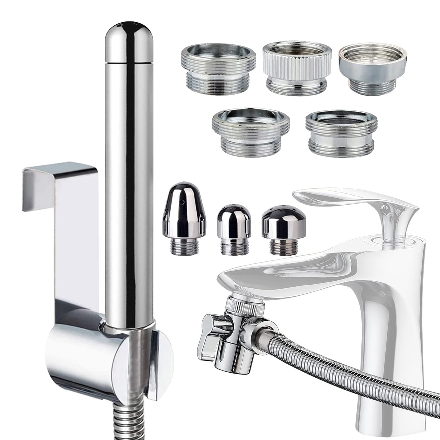 Handheld Shower with Faucet Douche Attachments, Shower 3 Heads in Aluminium - with Faucet Splitter, 59 inch Hose and Hook up Toilet or Wall Mount