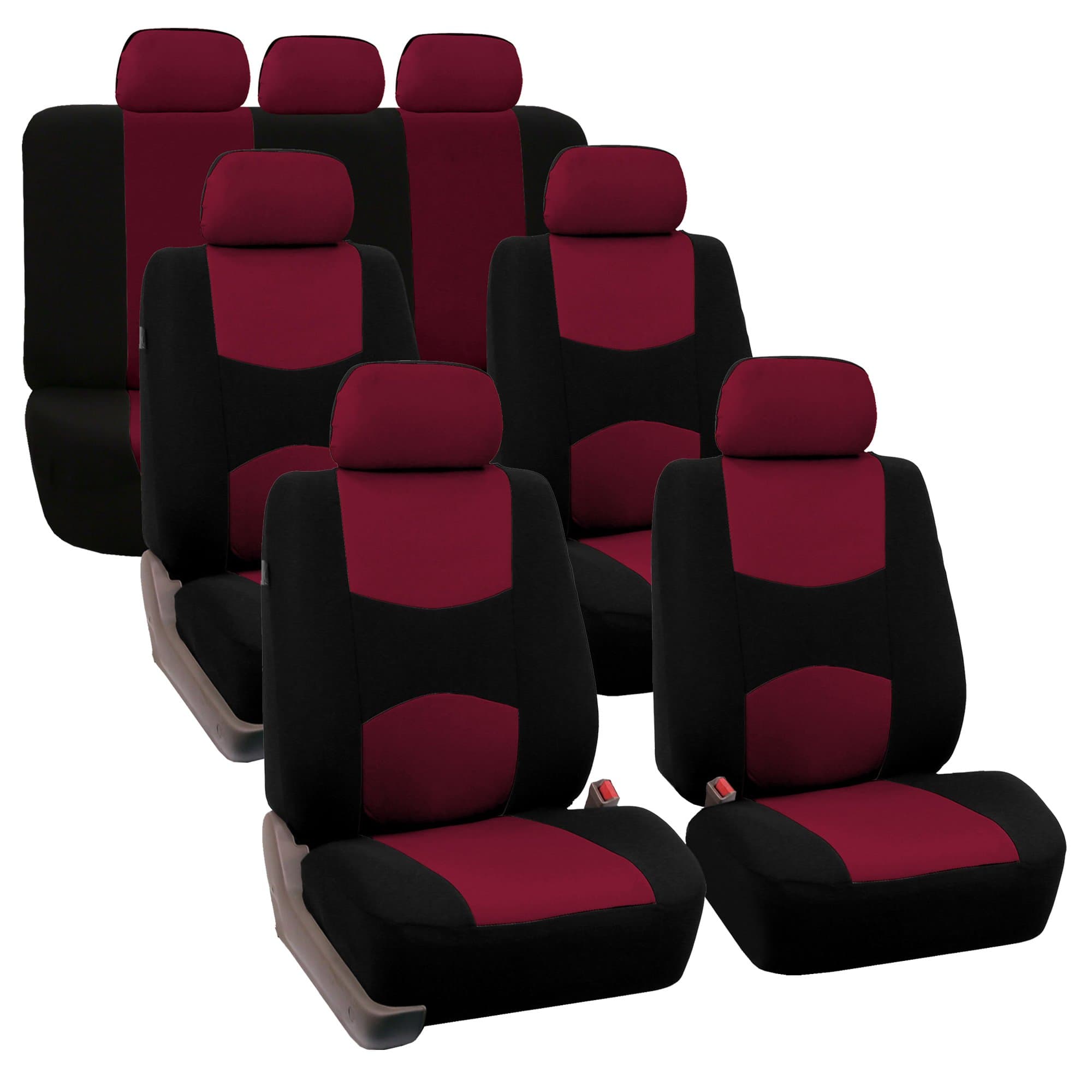 FH Group Flat Cloth Full Set Car Seat Covers Three Row 7 Seater - Universal Fit for Cars, Trucks & SUVs Burgundy