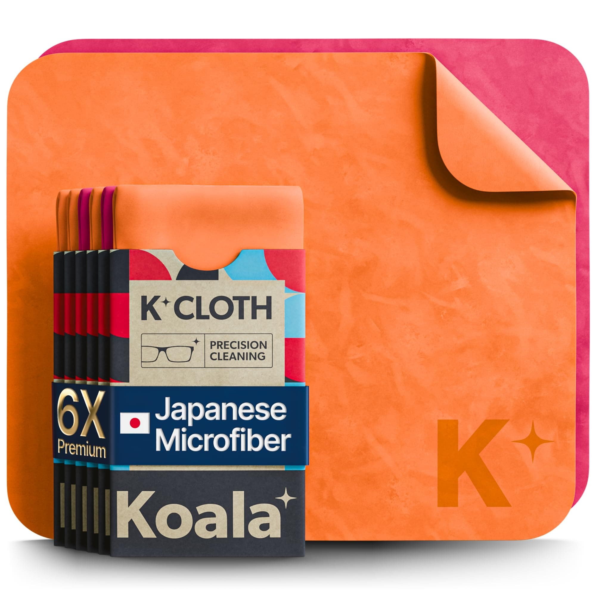 Koala Lens Cleaning Cloth | Japanese Microfiber | Glasses Cleaning Cloths | Eyeglass Lens Cleaner | Eyeglasses, Camera, VR/AR Headset, and Screen Cleaner | Pink & Orange (Pack of 6)