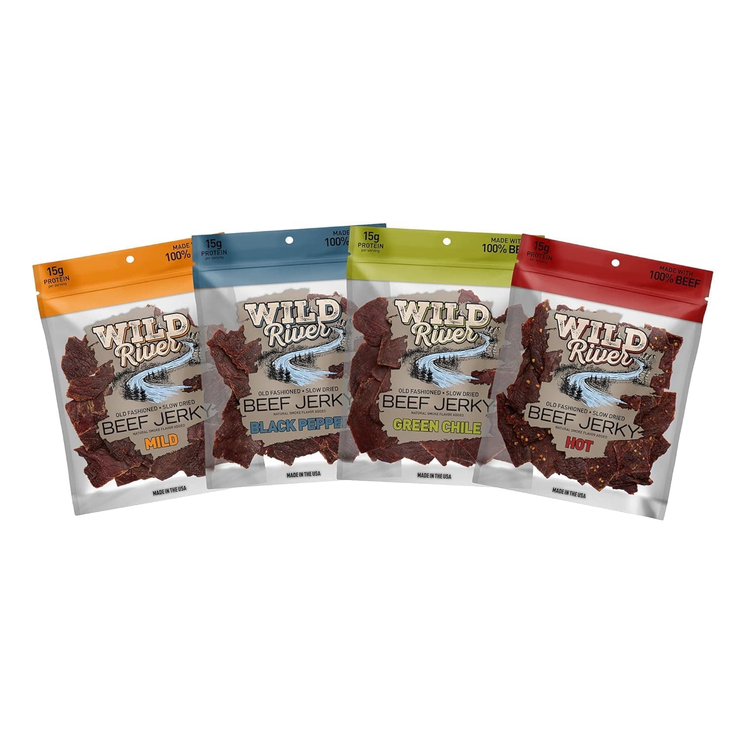 Wild River Beef Jerky Variety Pack, Old Fashioned Beef Jerky, Gluten Free - Mild, Black Pepper, Green Chile, Hot - Deliciously Seasoned, Savory Meat Snack, Made with 100% Beef, 3.5oz (Pack of 4)