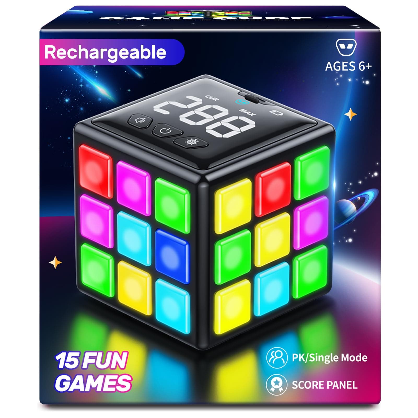 Rechargeable Puzzle Cube with Games - 15-in-1 Fun Brain Memory & Speed Games for Kids Teens - Christmas Easter Birthday Gifts for Boys Girls Ages 6-12+ Years Old with Score Screen (Black)