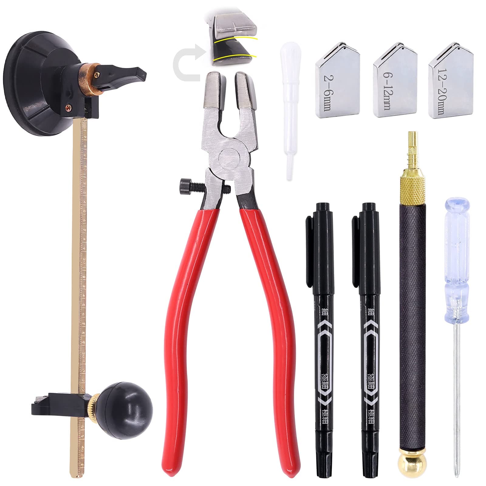 9 Pcs Glass Cutting Tool Set Kit Includes Adjustable Circular Glass Cutter, Glass Running Pliers with Rubber Tip, 2mm-20mm Oil Feed Carbide Tip with 3 Bonus Blades for Mirrors Tiles Mosaic