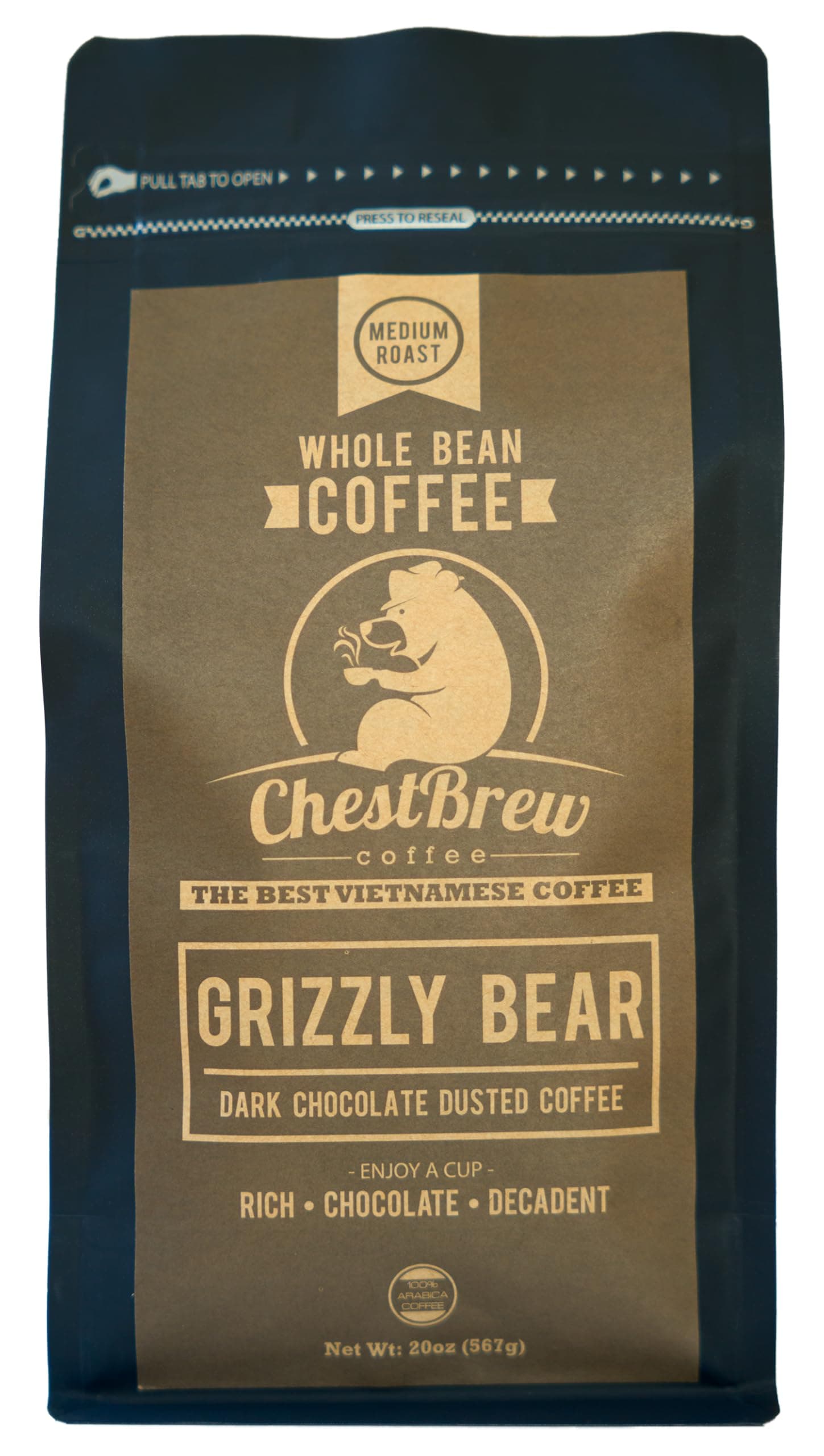 ChestBrew Grizzly Bear – Chocolate Dusted Vietnamese Whole Bean Coffee, 20 oz