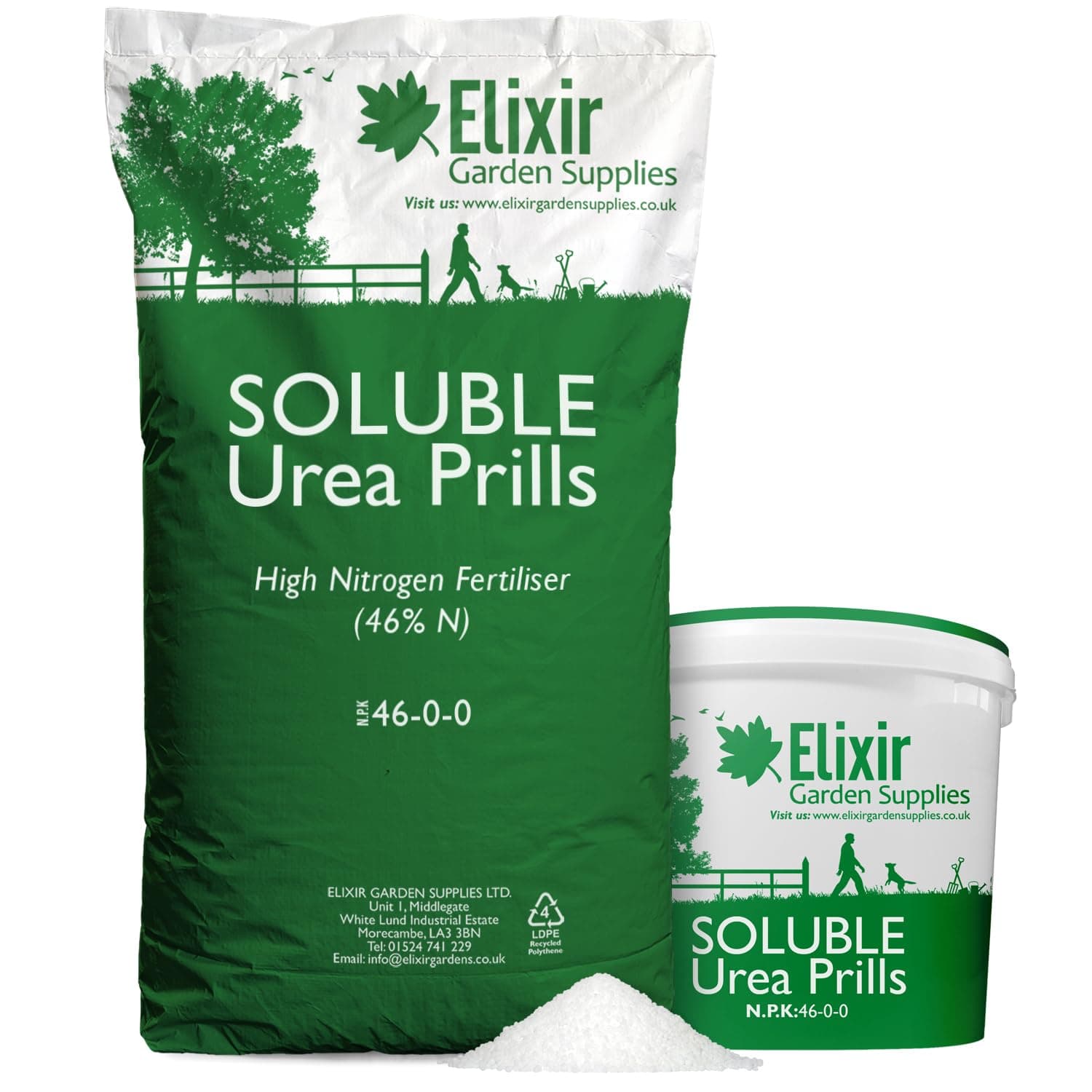Elixir Gardens Urea Prills (46% Nitrogen) Water-Soluble Fast-Release Fertiliser, Feed & Top Dressing (N.P.K: 46-0-0) | Grass, Lawn & Turf, Shrub, Tree & Plant Foliage Boost | 1kg Bag
