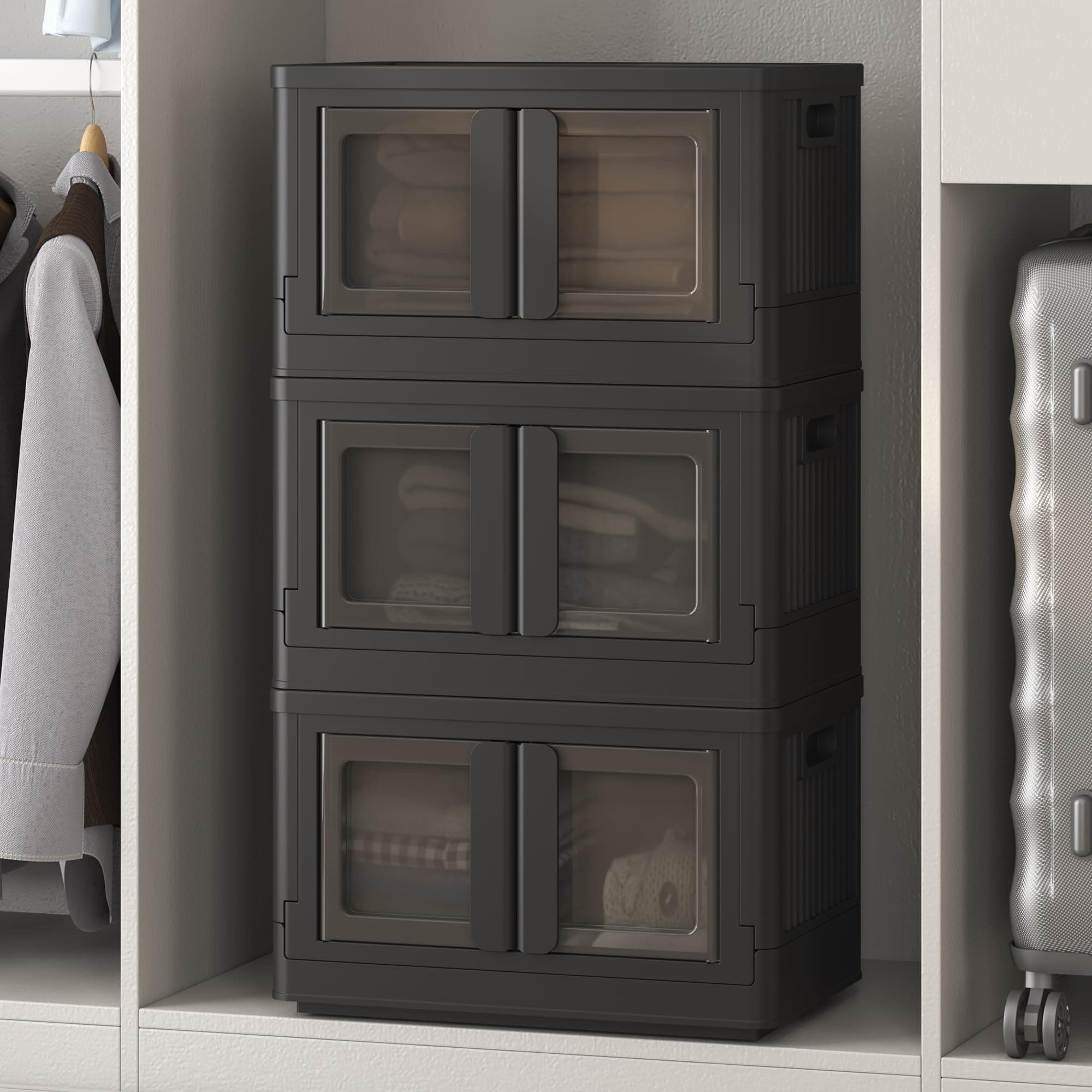 FLEXIMOUNTS 8.4 Gal Collapsible Plastic Storage Bins, 3-Pack Stackable Storage Bins, Black Cube Storage Organizer, Closet Organizers and Storage with Doors, Folding Toy Storage Box