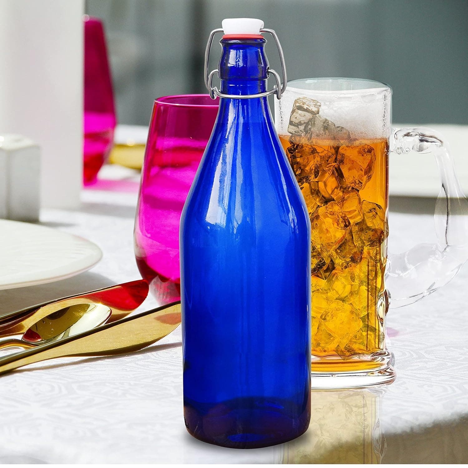 KWARE Vintage Style Glass Bottles 1 Litre Swing Top Bottles - Ideal for Domestic or Commercial Use - Fill with Water, Wine, Liquor, Oil, Beer, Schnapps or Cordials (Blue)