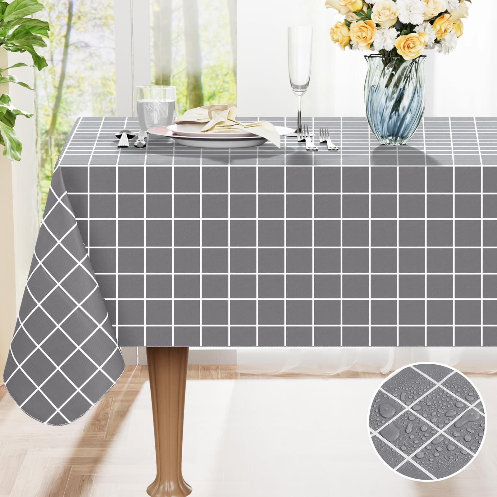 Rectangle Table Cloth, Waterproof Vinyl Tablecloths with Flannel Backing, Wipeable Plastic Plaid Table Cover for Dining, Picnic, Indoor and Outdoor (60" x 84", Grey)OEKO-TEX STANDARD 100