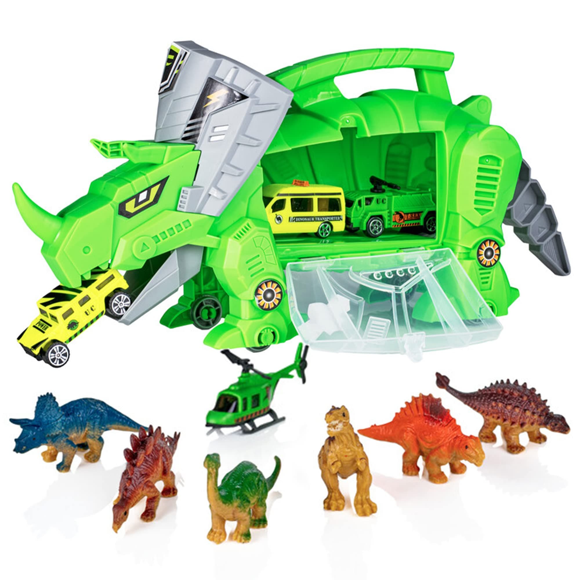 Dinosaur Toys Storage Carrier for Kids Includes 6 Mini Dinosaurs 3 Toy Cars & Helicopter - #1 Best Fun Playset for Boys & Girls - Great for Children Ages 3+ Years Old (Dinosaur)
