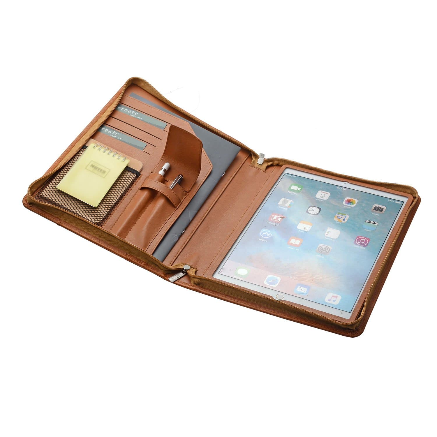 iPad Pro Leather Portfolio Case with Pen Case, Designer Zipper Organizer Padfolio for 12.9 inch iPad Pro, Brown