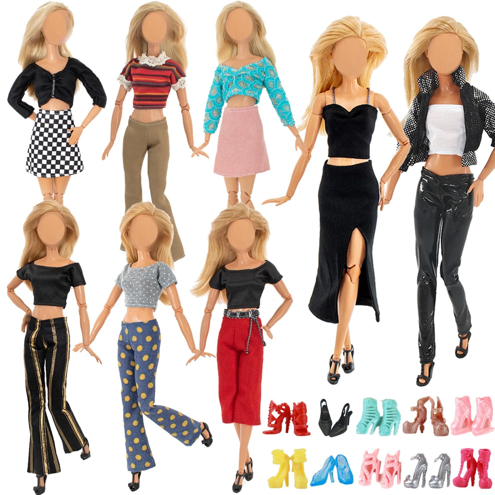 16 PCS Clothes and Accessories for 11.5 inch Girl Doll Including 6 Handmade Fshion Wear Outfits ( Tops and Pants or Dress) and 10 Pair of Shoes in Random Christmas Birthday Present for Girls