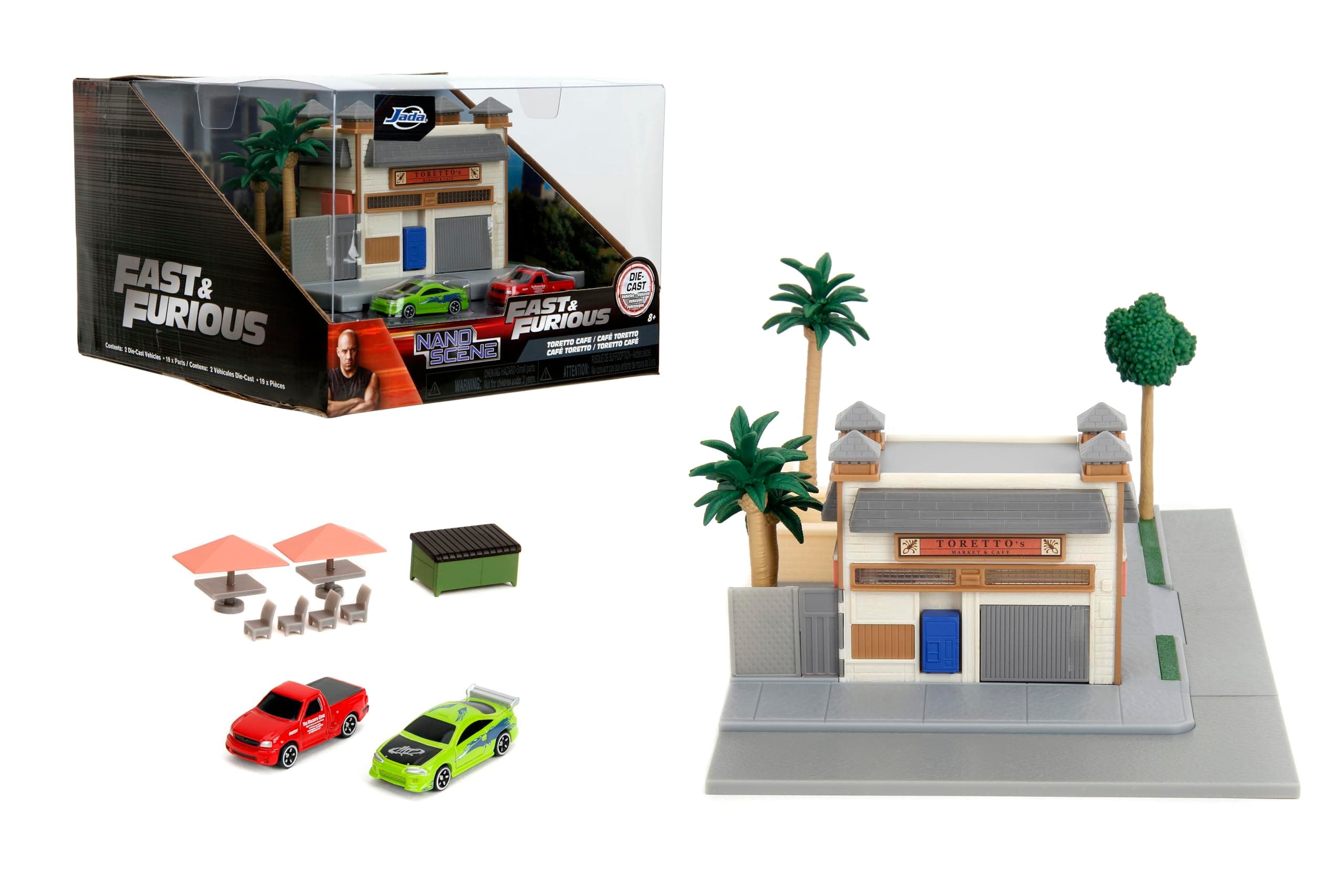 Fast & Furious Toretto's Market & Cafe Nanoscene & 2 1.65" Die-cast Cars, Toys for Kids and Adults