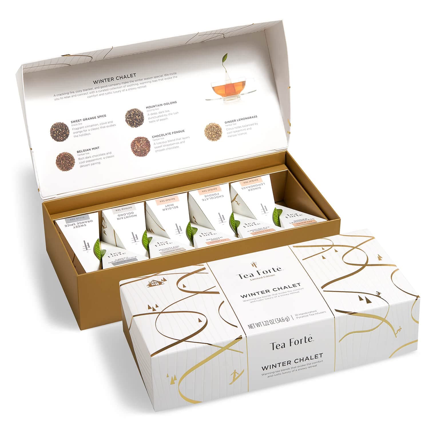 Petite Presentation Box Winter Chalet Tea Sampler Gift Set, 10 Assorted Variety Handcrafted Pyramid Tea Infuser Bags with Winter Spiced Teas